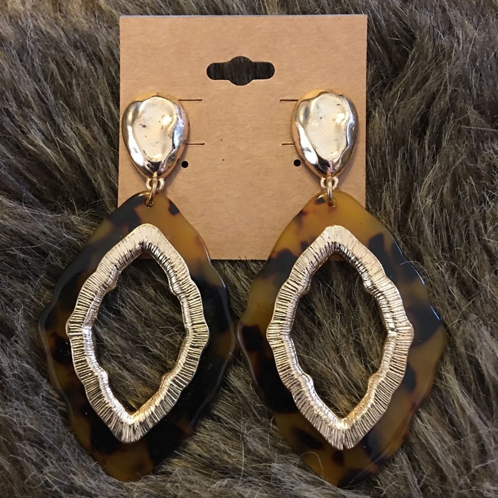 Jewelry Faux Tortoise Shiny Gold Tone Statement Earrings in Brown, Women's
