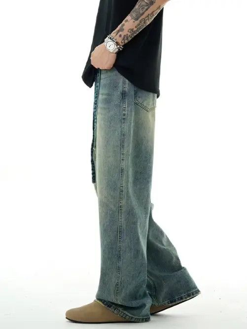 Japanese Brand Men's blue straight loose washed distressed belt jeans Size US 32 / EU 48 - 3 Thumbnail