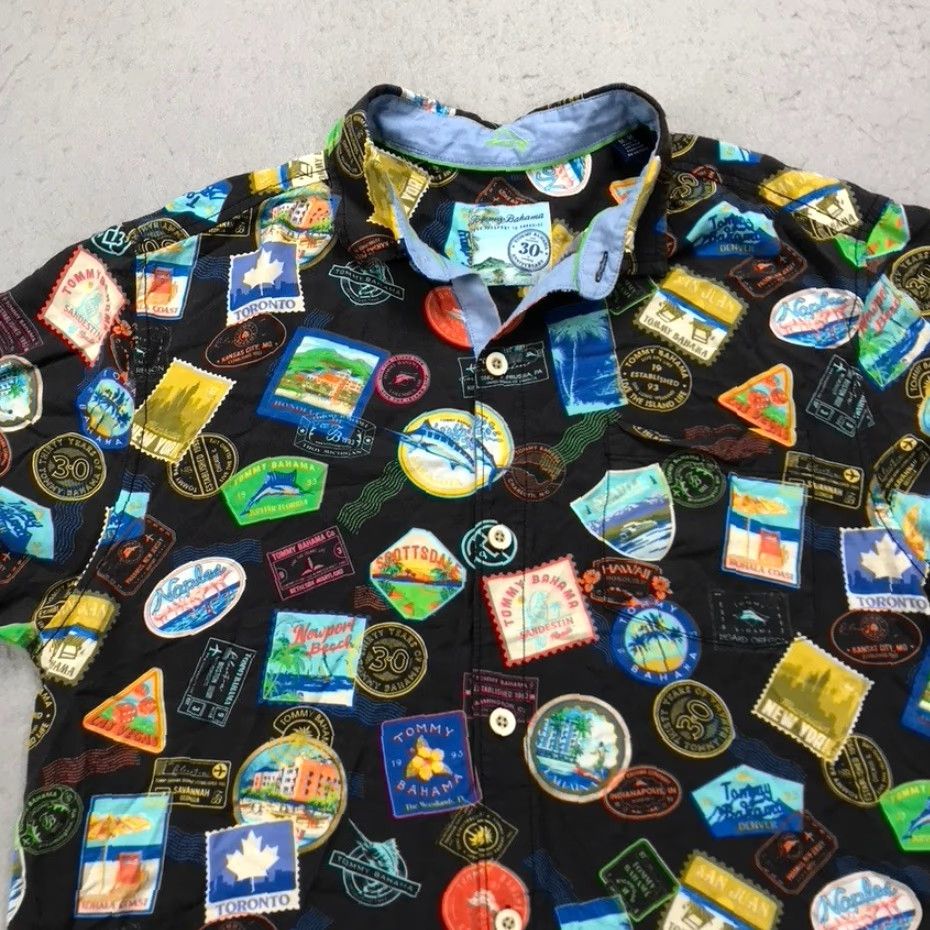 Tommy Bahama Tommy Bahama Shirt Mens Medium Black Passport Stamp Destination Camp Travel | Button-Up | Beach Theme | Casual Travel Shirt Mens M Black Size US M / EU 48-50 / 2 - 2 Thumbnail