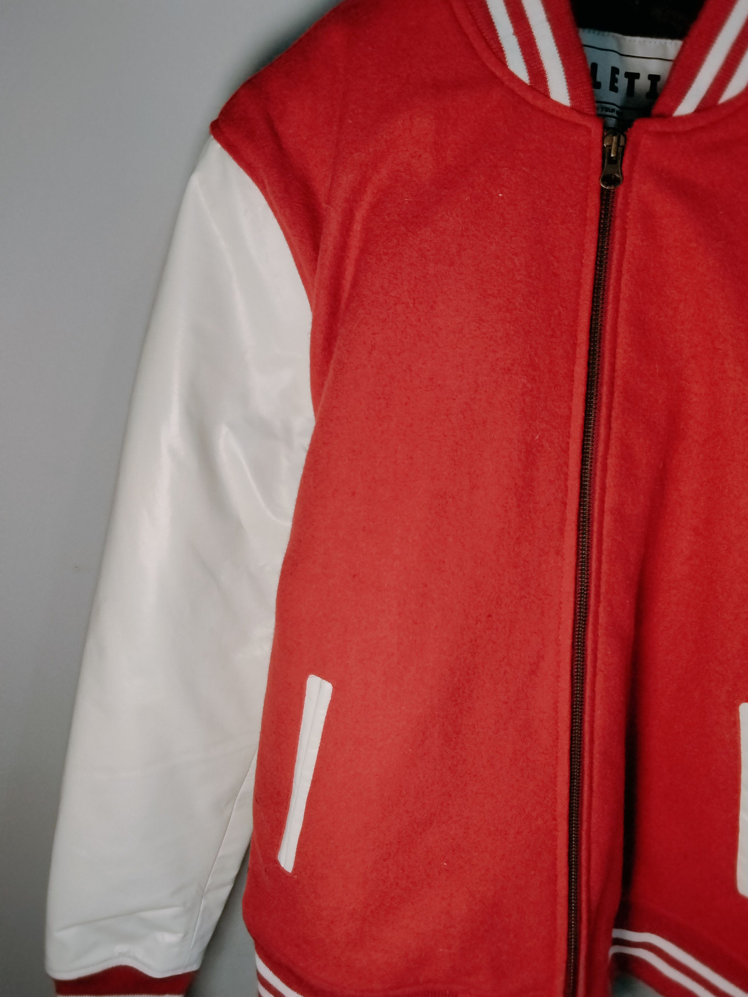 Vintage WLETI Red & Light Cream Varsity Jacket with Leather Sleeves Size US M / EU 48-50 / 2 - 8 Thumbnail