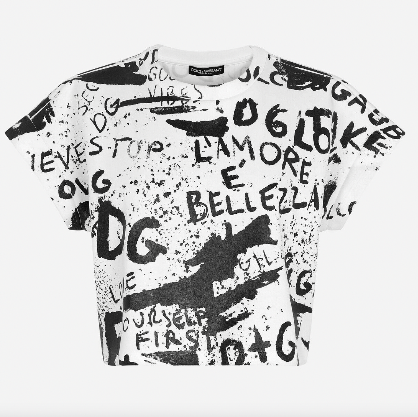 Dolce & Gabbana $1175 White Black Graphic Graffiti Cropped T-Shirt Size XL / US 12-14 / IT 48-50 - 2 Thumbnail