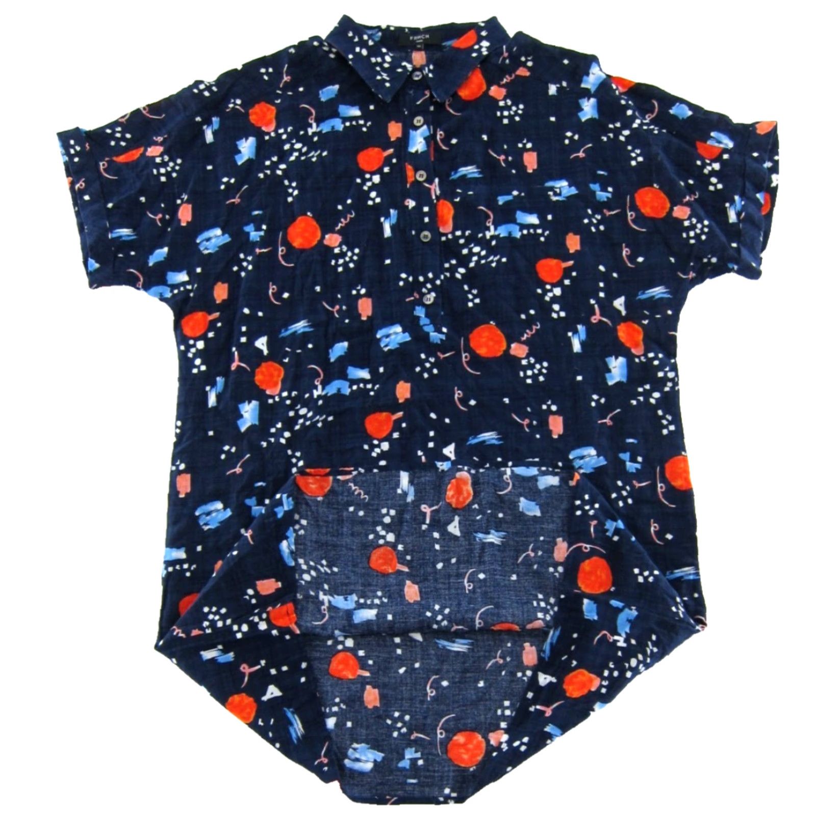 Vintage FRNCH Paris Shirt Dress M/L Cotton Navy Blue Orange Pink Short Sleeve Collared Shirt Dress Women Size M / US 6-8 / IT 42-44 - 5 Thumbnail