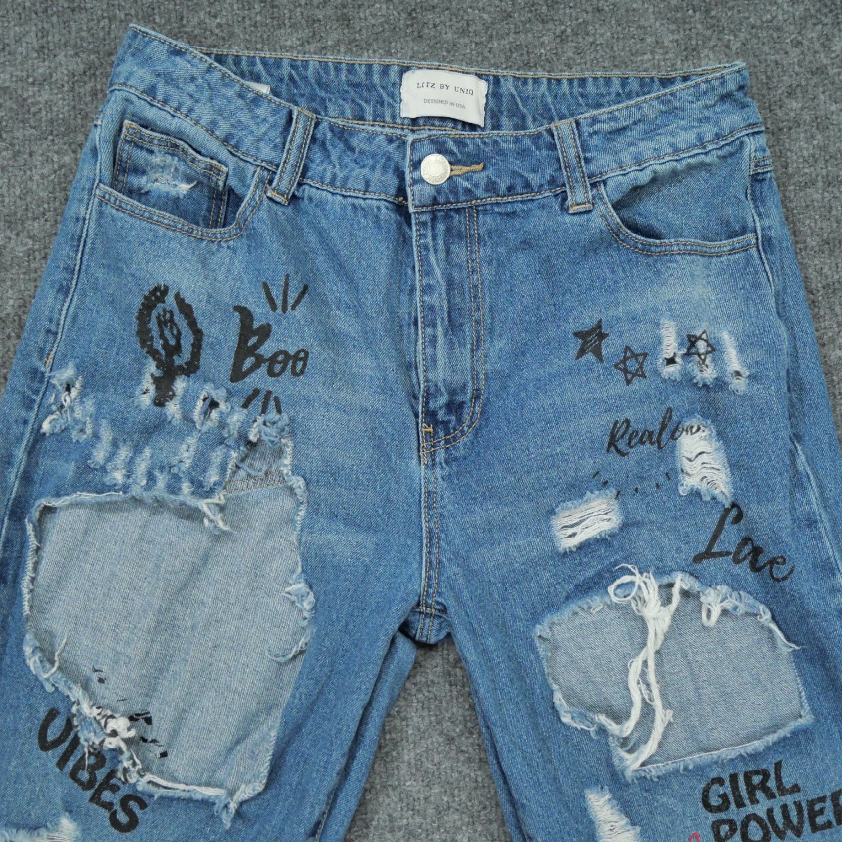 Bell Uniq Litz Jeans Womens 28 Blue Pants Flare Bell Bottom Distressed Art Denim Jeans Women Regular 28 Blue Distressed Pockets 90s? Size 28" / US 6 / IT 42 - 2 Thumbnail
