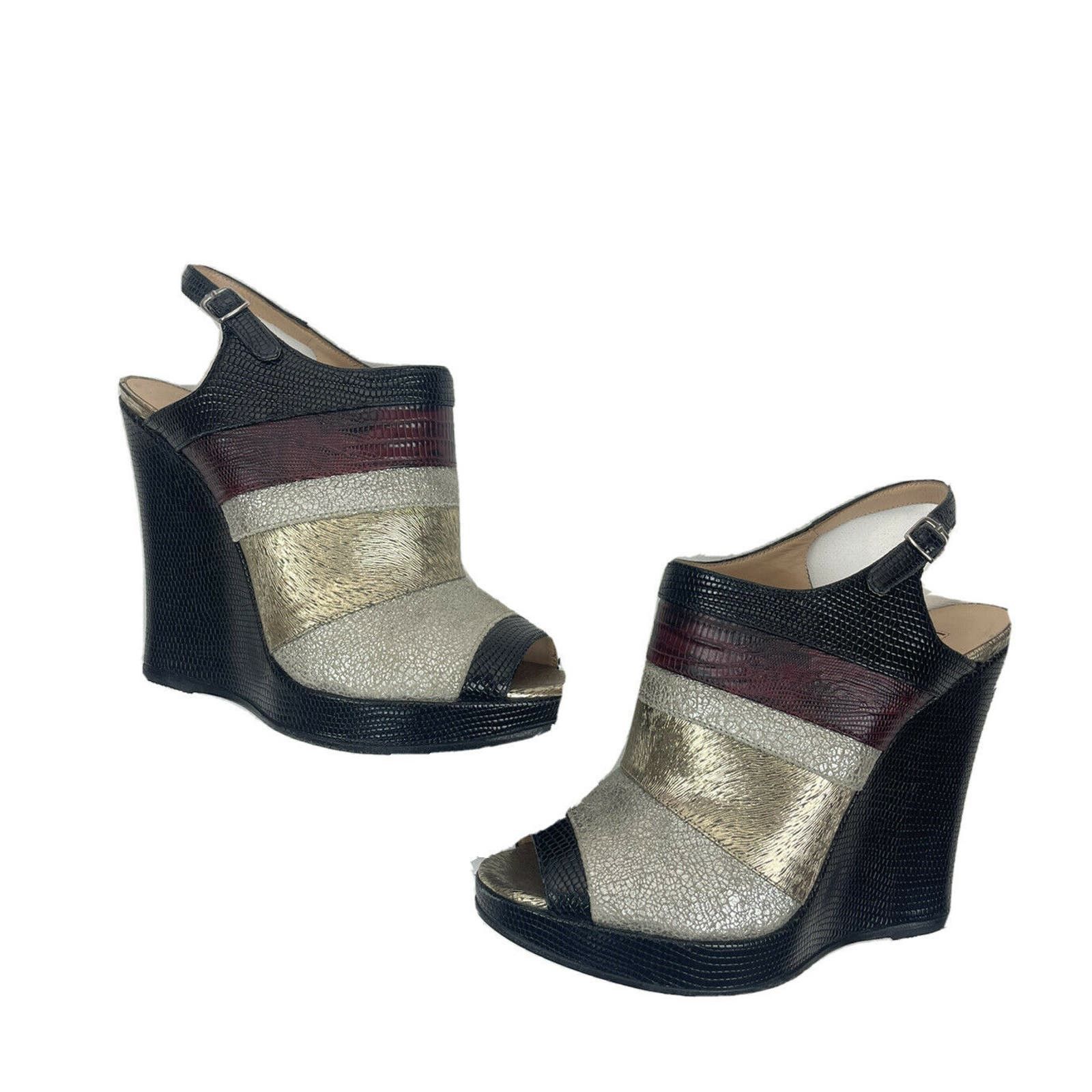 image of Dries Van Noten Black Gold Red Stripe Wedge Heel Shoes Size 37, Women's