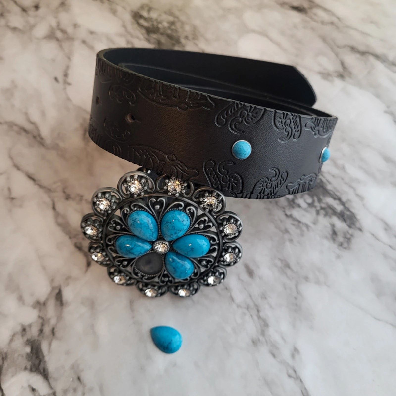 Other Black and Blue Floral Buckle Vegan Leather Belt 44 inches Size ONE SIZE - 10 Thumbnail