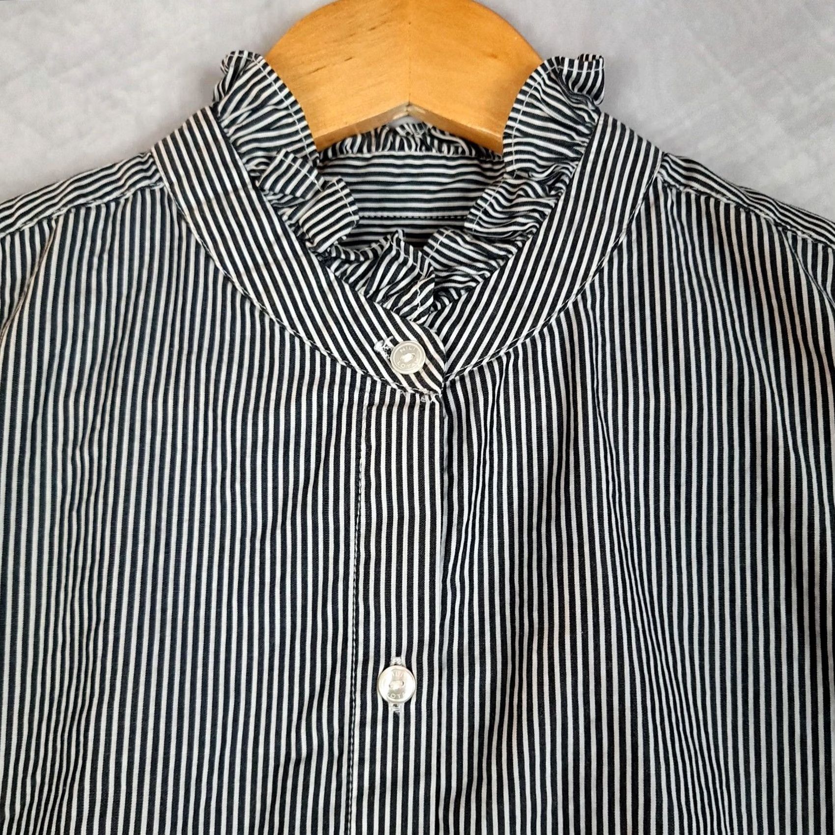 Nili Lotan Nili Lotan Blouse Womens Large Black White Striped Ruffle Neck Button Front Cuff Size L / US 10 / IT 46 - 2 Thumbnail