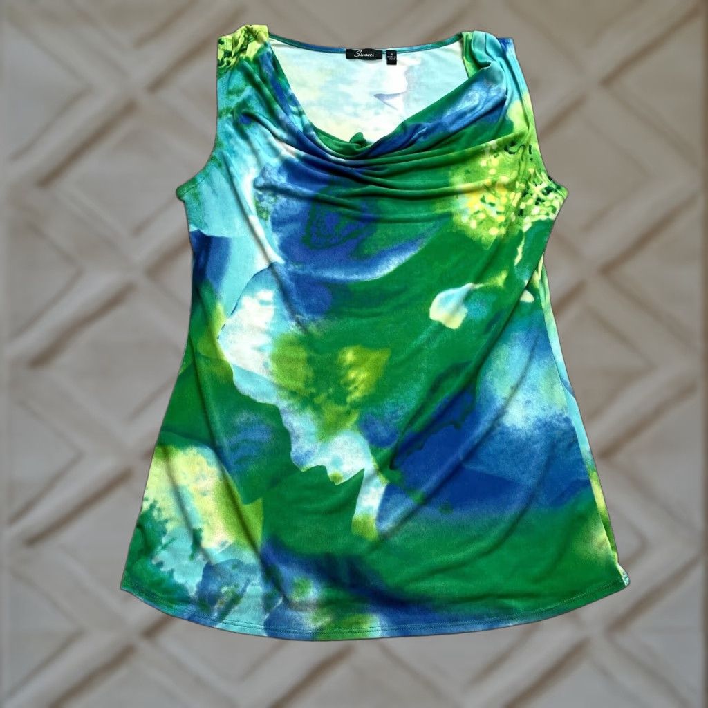 Vintage Strazzi Tank Top Blouse Womens Small Blue Gren Tie Dye Stretch Sleeveless Ladies Size S / US 4 / IT 40 - 1 Thumbnail