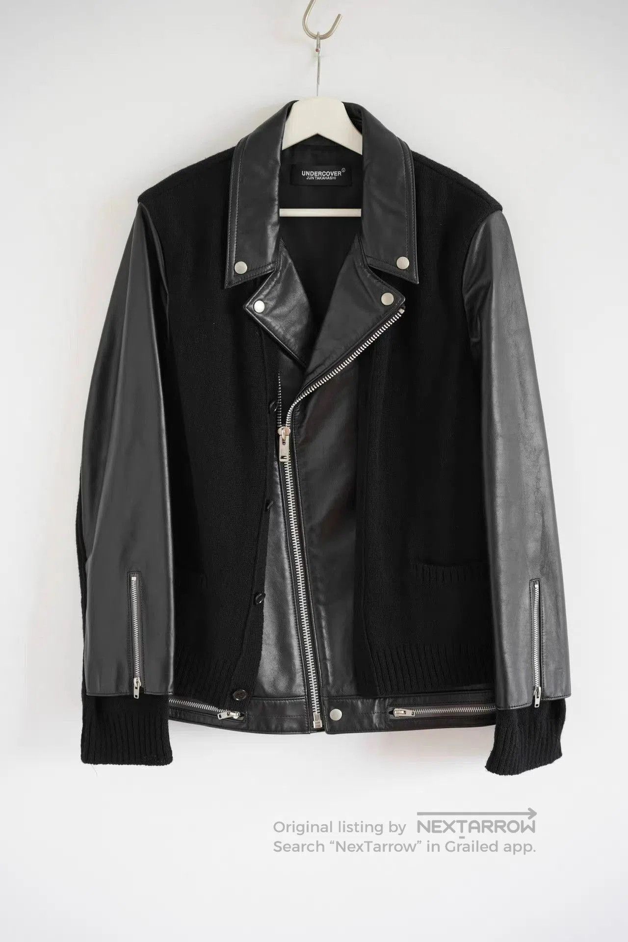 Undercover Black Leather Sleeved Knit Moto Jacket. Size US XL / EU 56 / 4 - 1 Thumbnail