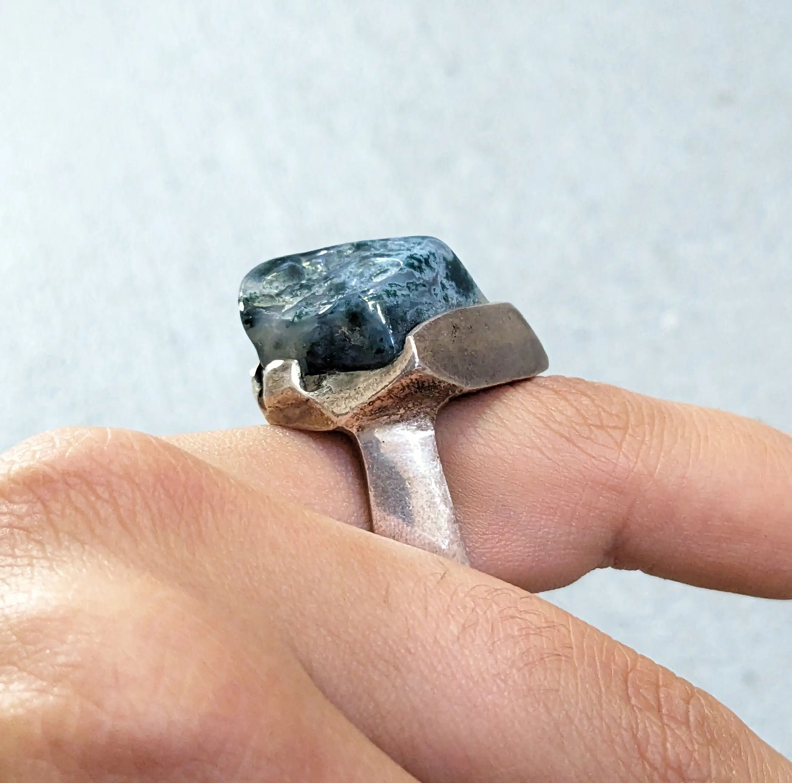 Jewelry Vintage Sterling Silver Ring Dendritic Agate Green Size 8.5 Size ONE SIZE - 14 Thumbnail