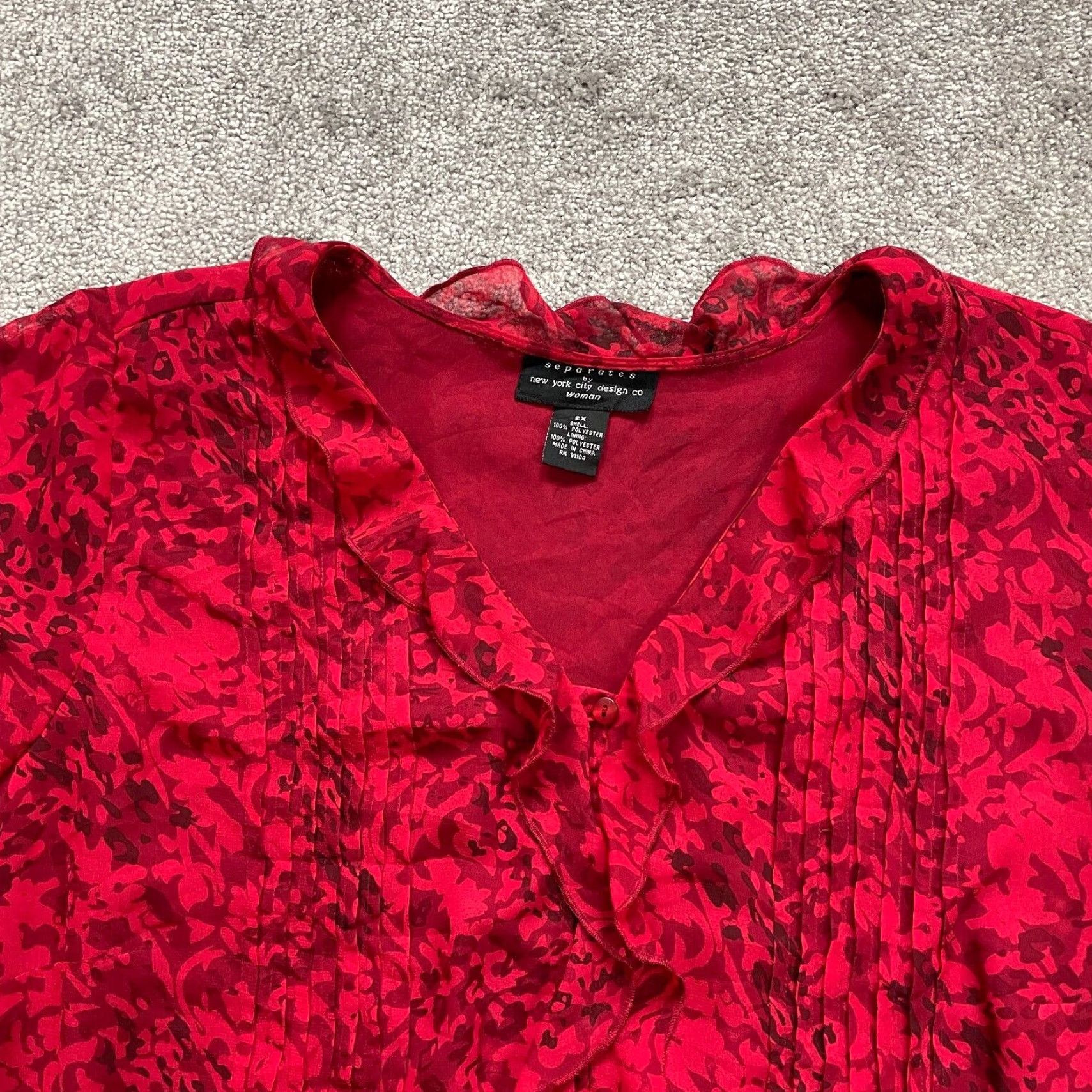Vintage New York City Design Blouse Womens 2XL Red Button Down Peplum Ruffles Pleated Size XXL / US 16-18 / IT 52-54 - 3 Thumbnail