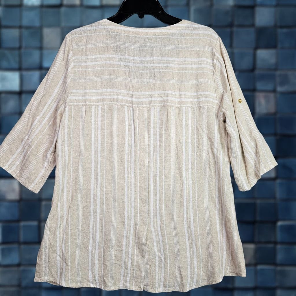 Ellen Tracy Ellen Tracy Blouse Woman Striped Linen Blend Beige Short Sleeve Round Neck Zip Front Buttonless Pullover Regular Fit Cotton-Free Size M / US 6-8 / IT 42-44 - 1 Thumbnail