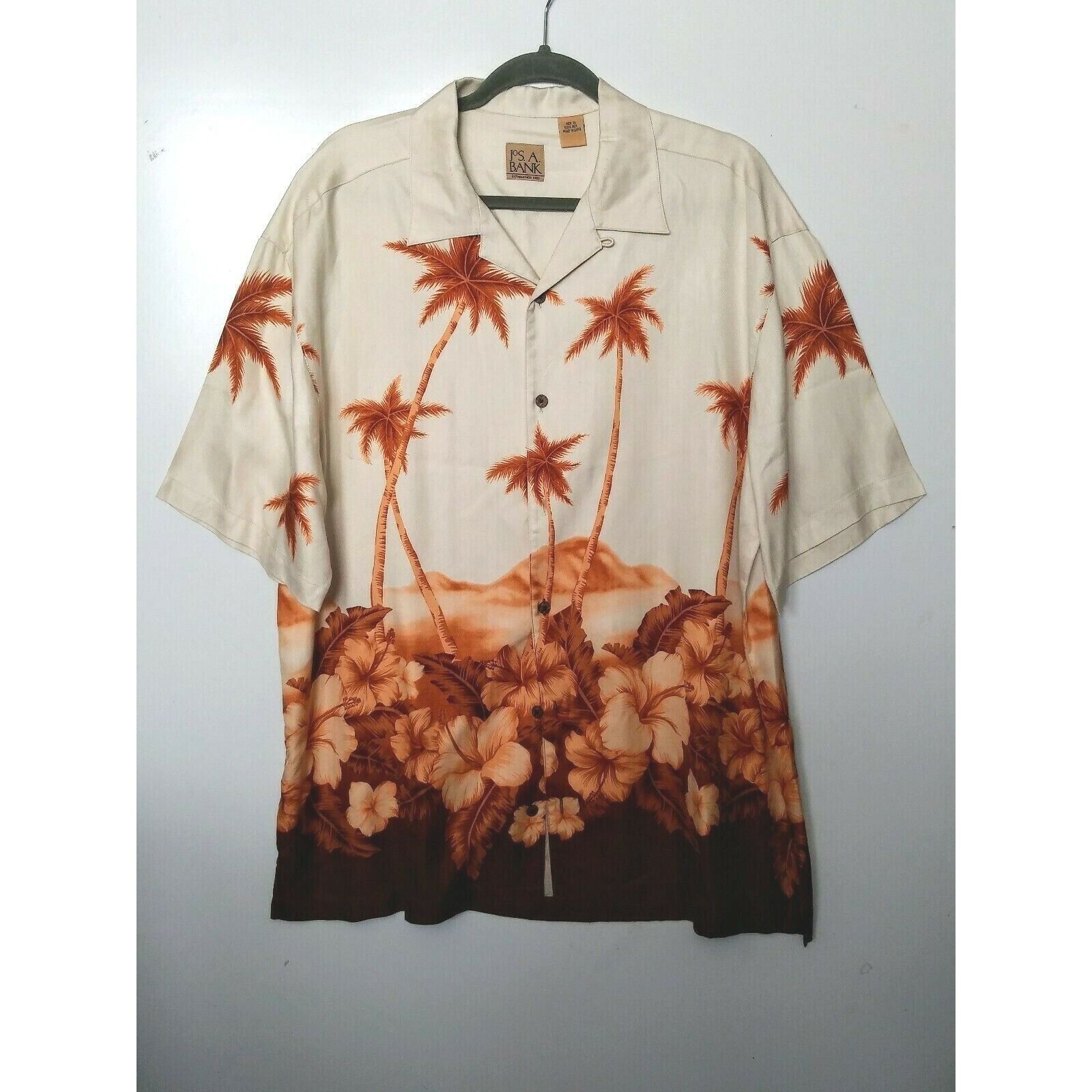 Jos. A. Bank Jos A Bank Mens Silk Hawaiian Shirt XL Button Up Cream Brown Size US XL / EU 56 / 4 - 1 Thumbnail