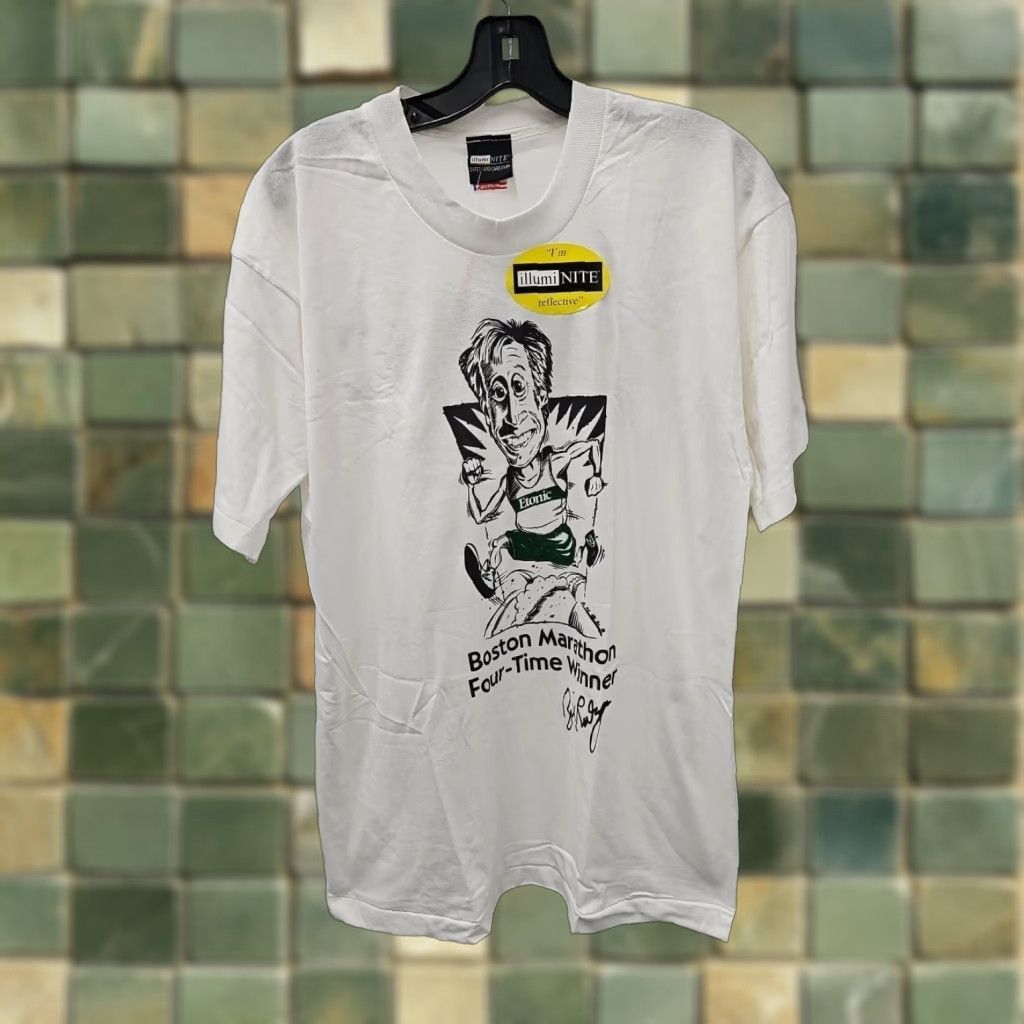 Fruit Of The Loom VINTAGE ETONIC Bill Rodgers REFLECTIVE 90s Shirt Mens Large White 80s Deadstock Reflective Night Chest 21 Length 29.5 Size US L / EU 52-54 / 3 - 1 Thumbnail