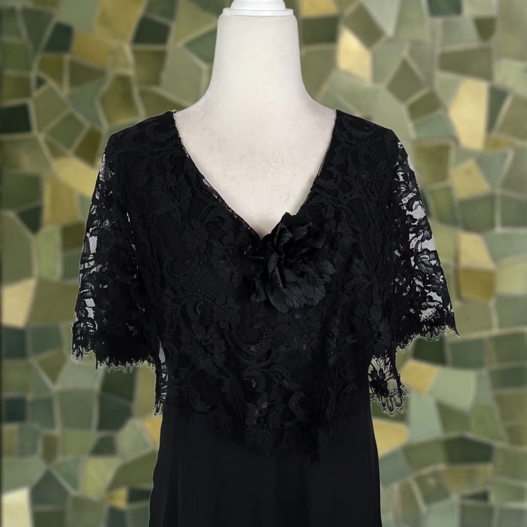 Vintage VINTAGE After Dark Black Midi Party Dress Sheer Lace Cape Overlay 12 80s A-Line Zip Womens Menus Size XL / US 12-14 / IT 48-50 - 1 Thumbnail