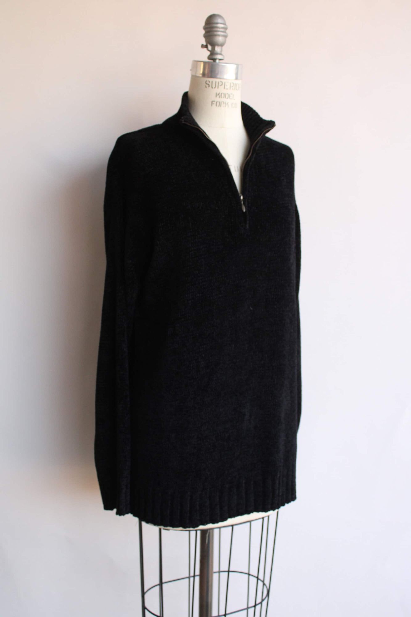 Vintage Vintage 1990s 2000s Sweater, Black Chenille Zipper Mock Neck Size L / US 10 / IT 46 - 5 Thumbnail