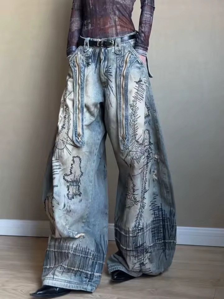 Jean Distressed Printed Design Loose Wide Leg Pants Jeans Size US 32 / EU 48 - 4 Thumbnail