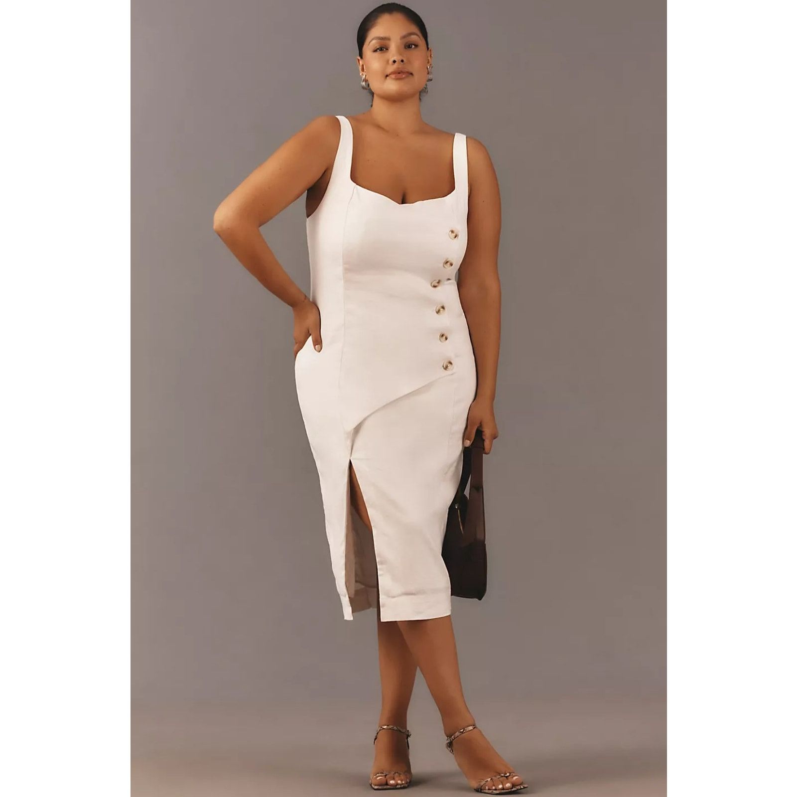 Anthropologie NWT Sleeveless Square-Neck Linen Button Wrap Midi Dress $178 Size XL / US 12-14 / IT 48-50 - 5 Thumbnail