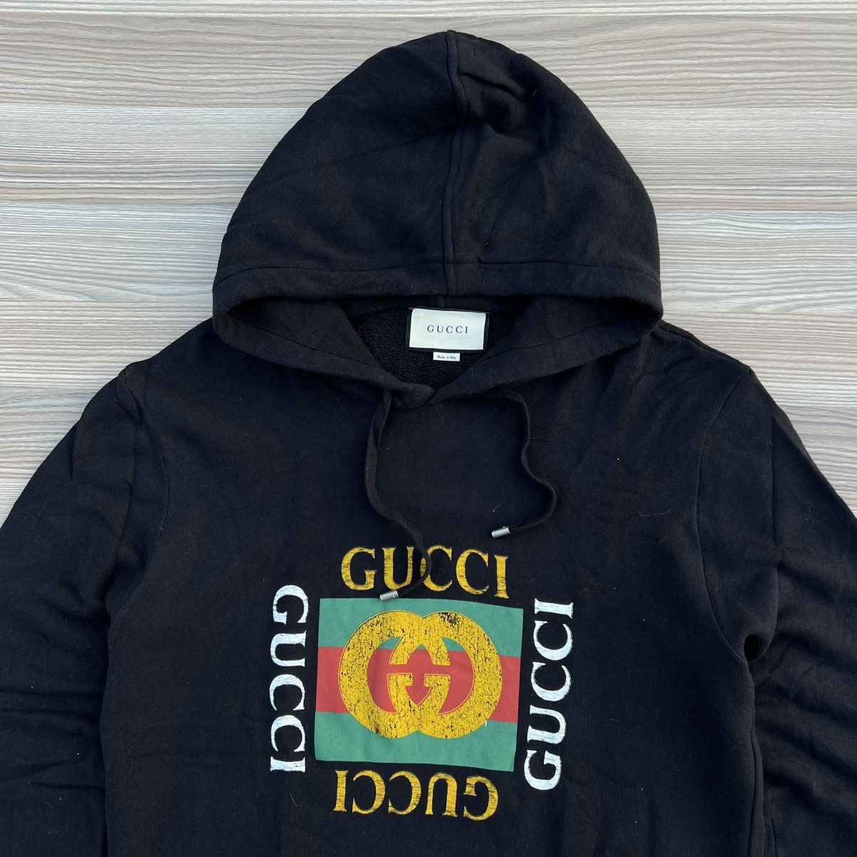 Gucci Gucci Black Distressed-Effect Logo-Print Cotton Hoodie Size US M / EU 48-50 / 2 - 2 Thumbnail