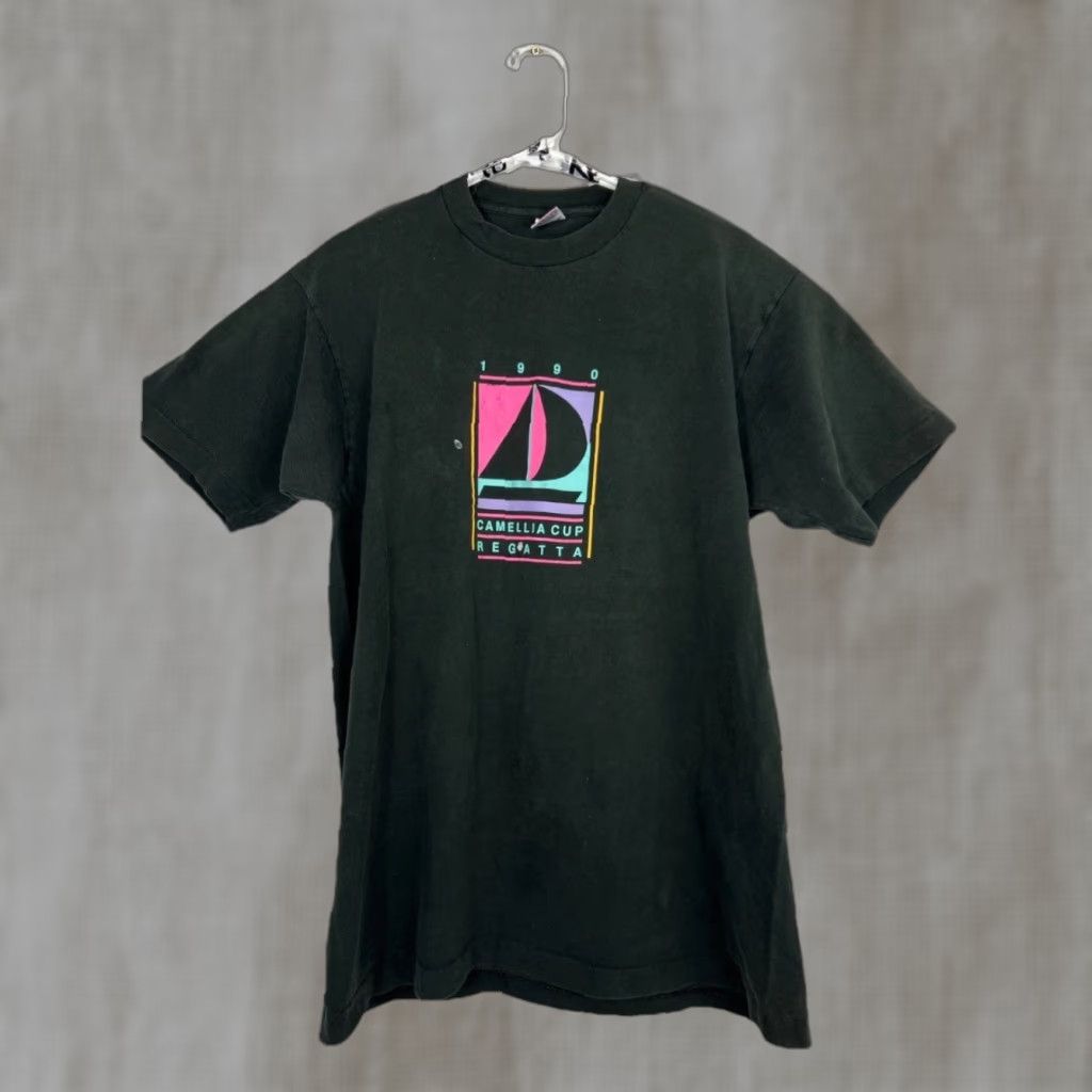 Fruit Of The Loom VINTAGE Fruit of the Loom T-Shirt Men XL Short Sleeve Black Neon Pink 1990 Camellia Cup Regatta Mens XL Shirt Size US XL / EU 56 / 4 - 1 Thumbnail