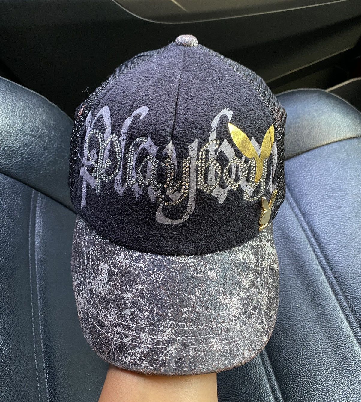 image of Playboy Swarovski Shadow Spellout Trucker Hat in Black, Women's