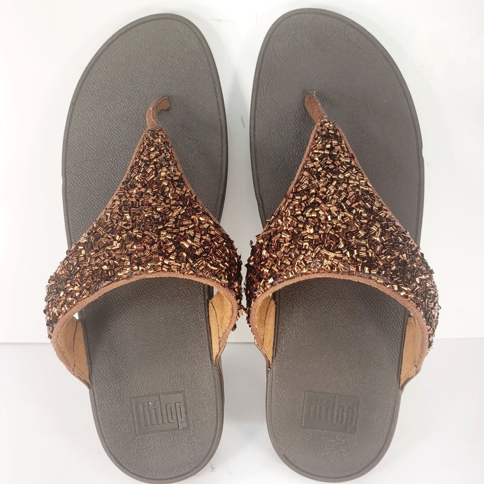 Vintage FitFlop Lulu Glitz Metallic Sandal Women's Sandal 10 Brown Metallic Thong Sole/Insole Comfort Cushioned Slip On Wedge Summer Casual Travel Size US 10 / IT 40 - 7 Thumbnail