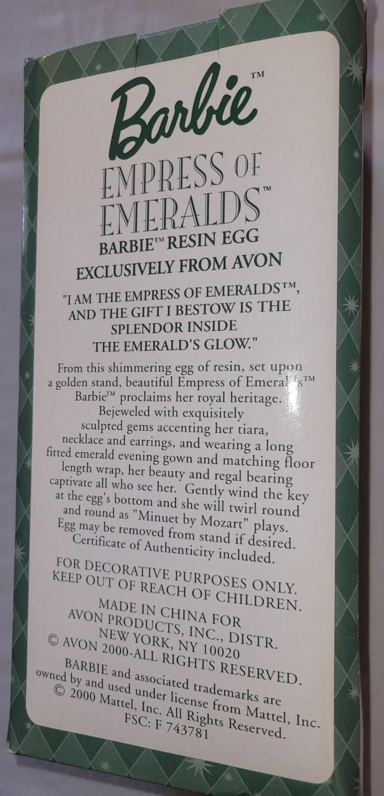 Designer Barbie Collectible 2000 Empress of Emeralds Resin Egg Avon Size ONE SIZE - 3 Thumbnail