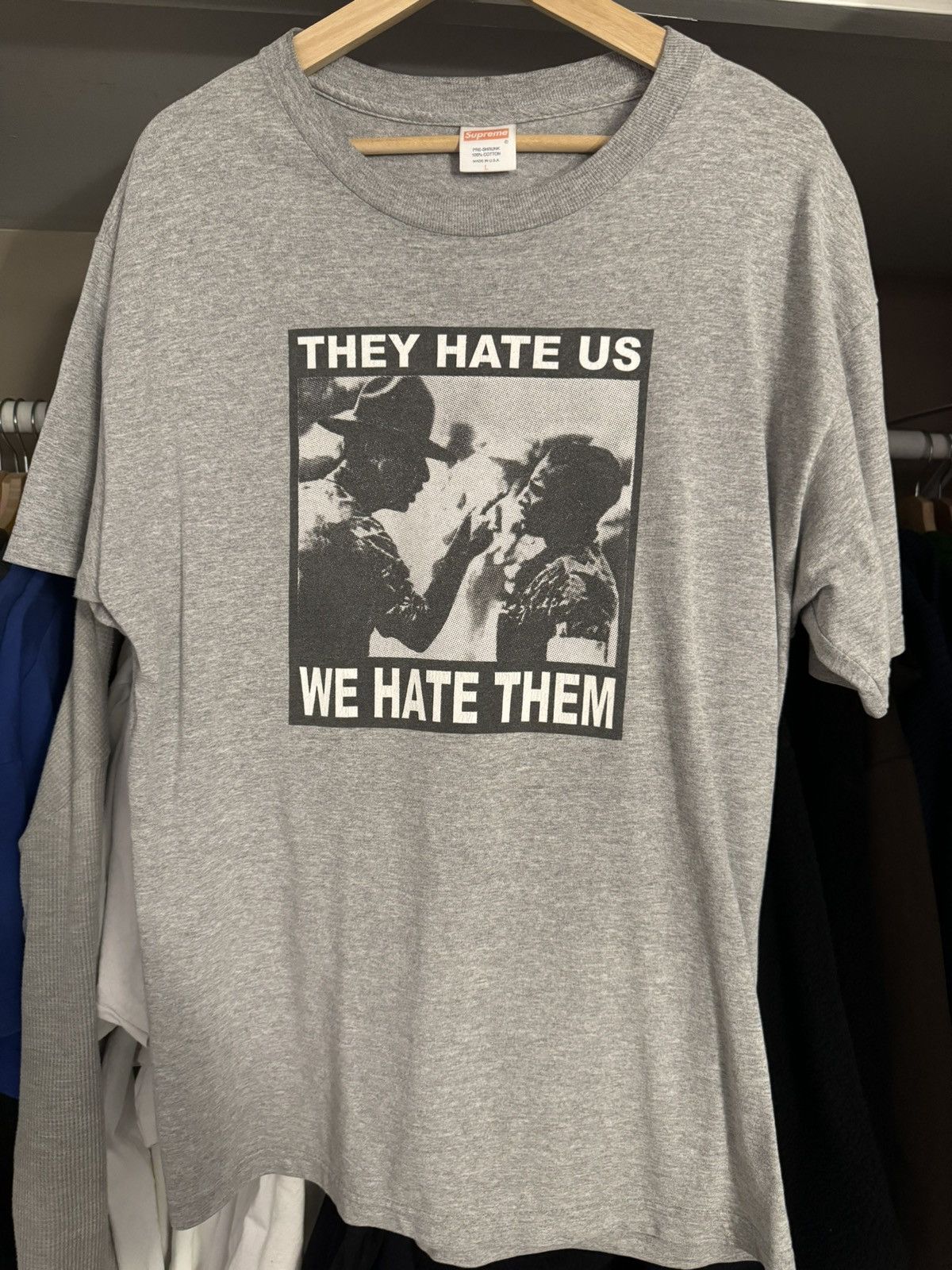 image of Supreme They Hate Us We Hate Them Tee in Grey, Men's (Size Large)