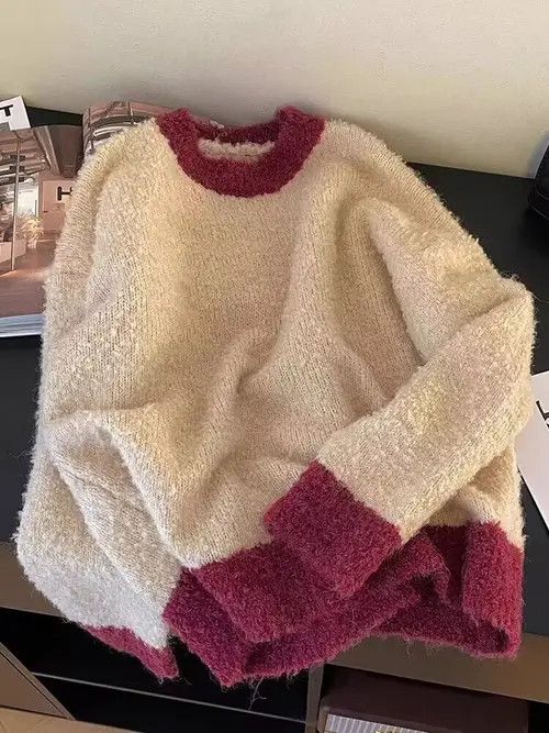 image of Lazy Style Contrasting Crew Neck Knitted Sweater in Apricot, Women's (Size Small)