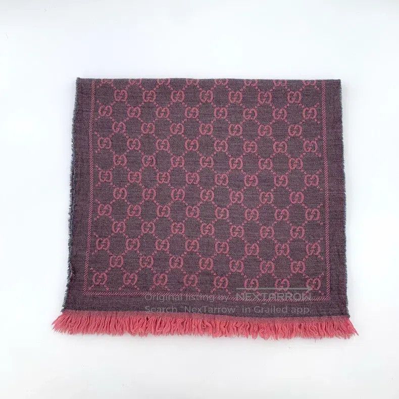 Gucci Gucci Gray-pink logo jacquard printed wool tassel scarf Size ONE SIZE - 1 Thumbnail