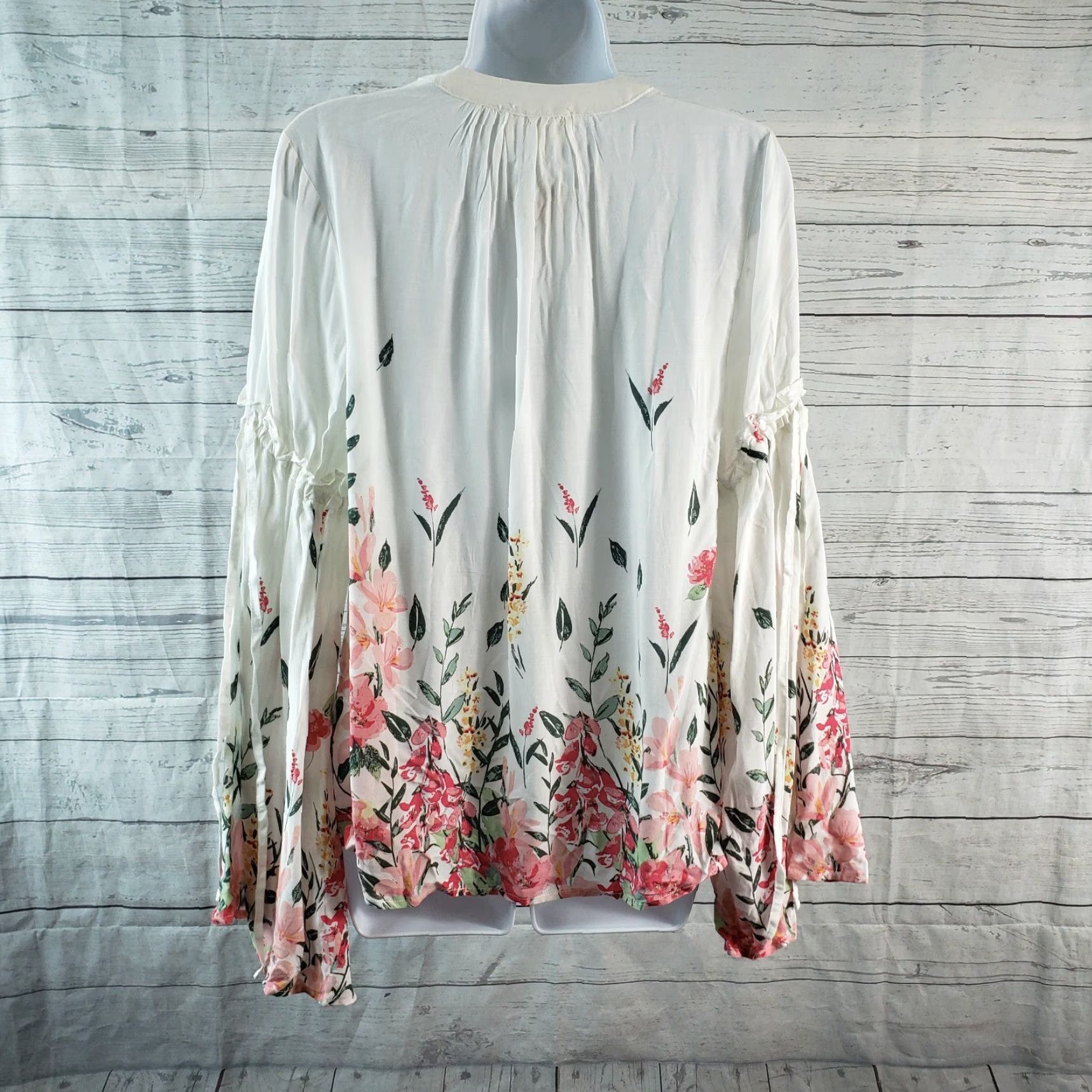 Bell Loveriche Womens Blouse Shirt Size L Pink White Floral Bell Sleeve Rayon Pullover Top Size L / US 10 / IT 46 - 4 Thumbnail