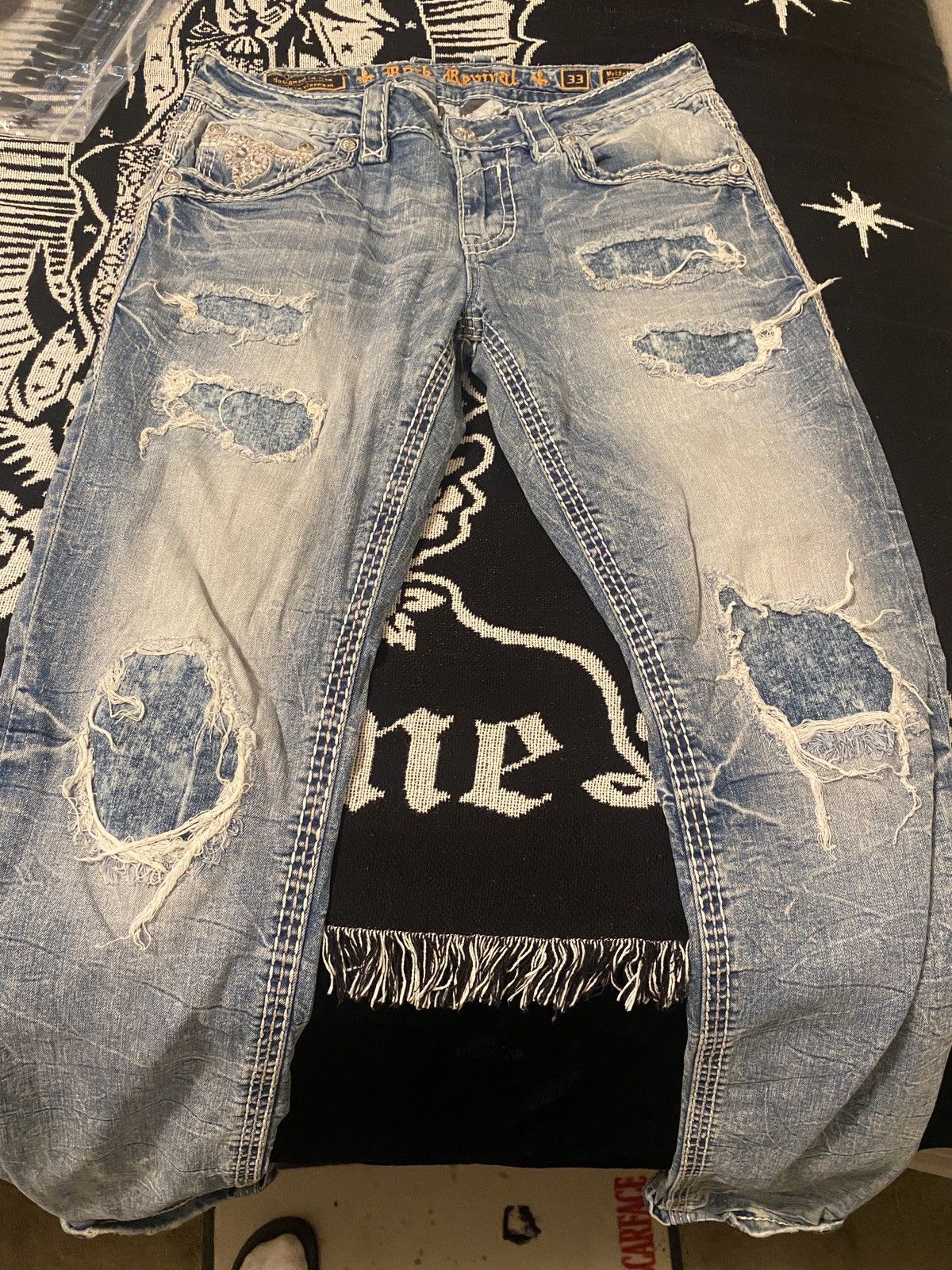 image of Rock Revival Straight Distressed Jean in Blue, Men's (Size 33)