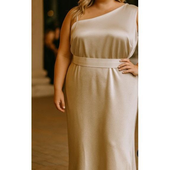 Other Birdy Grey One Shoulder Satin Maxi Dress Champagne 3X Formal Size 3XL / US 20-22 - 1 Thumbnail