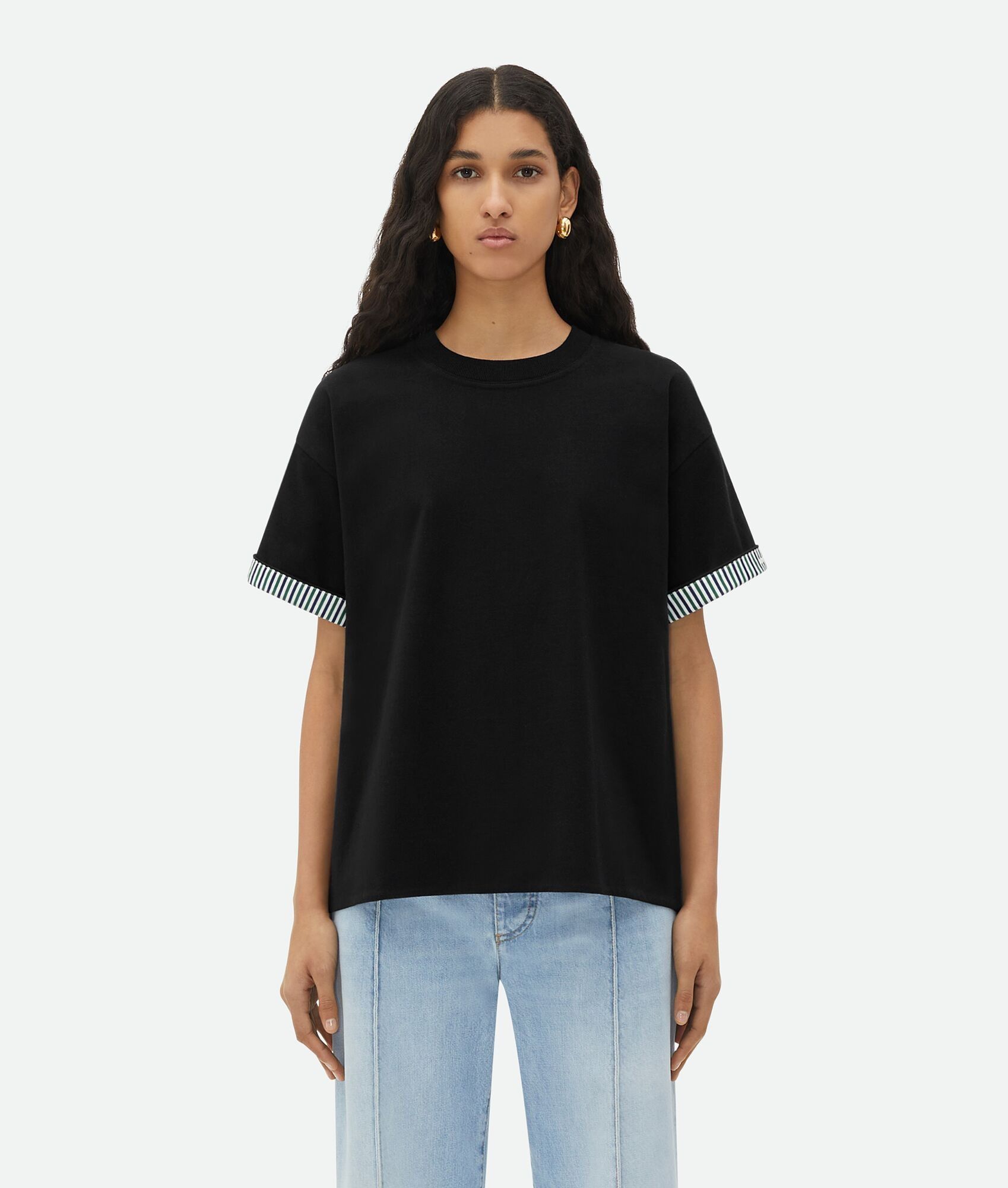 Bottega Veneta o1n1vont0325 Double Layer Striped Cotton T-Shirt in Black Size XS / US 0-2 / IT 36-38 - 1 Thumbnail