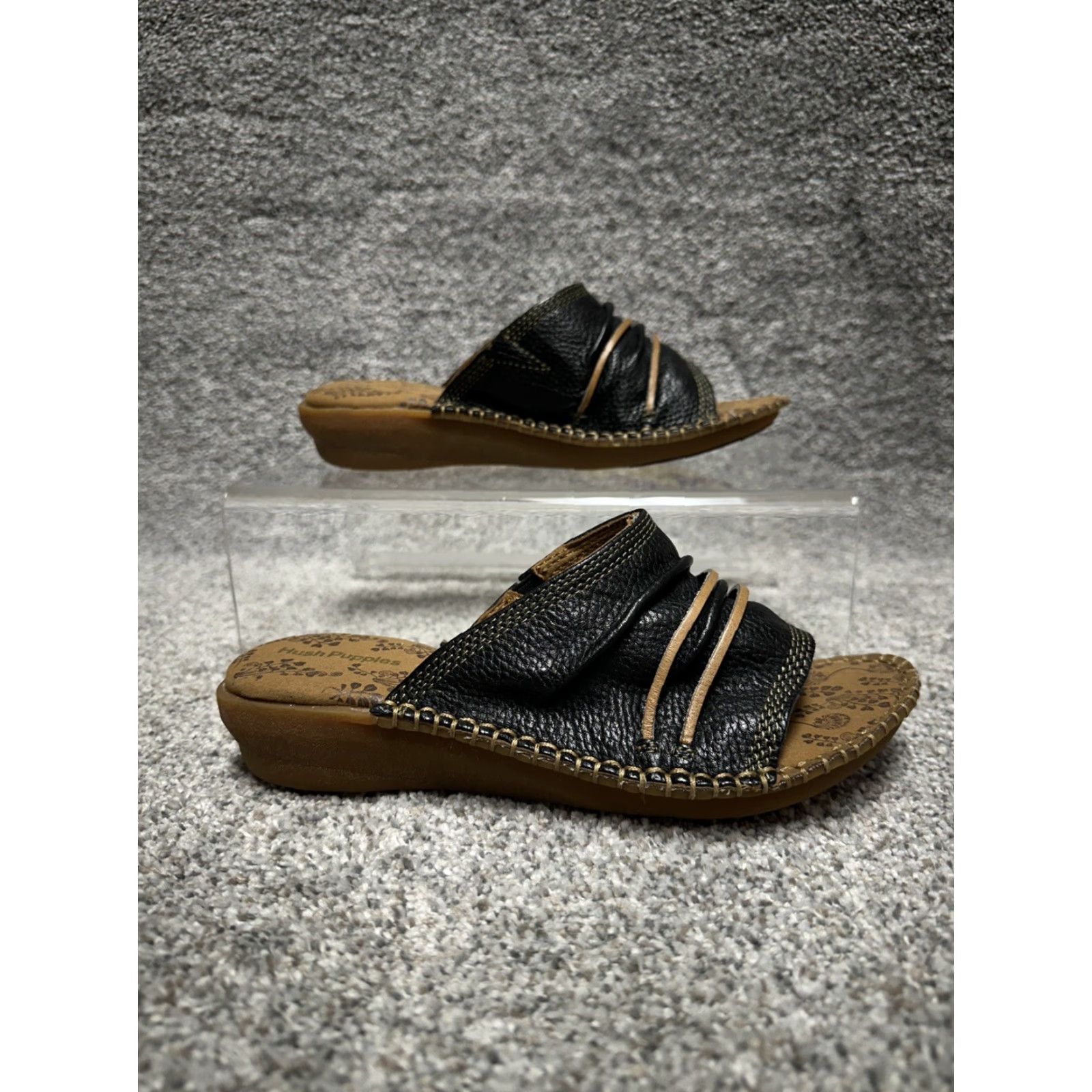 Hush Puppies VINTAGE Hush Puppies Leather Slides Sandal Women 6 Wide Black Wedge Comfort Cushioned Resort Slip On Size US 6 / IT 36 - 3 Thumbnail