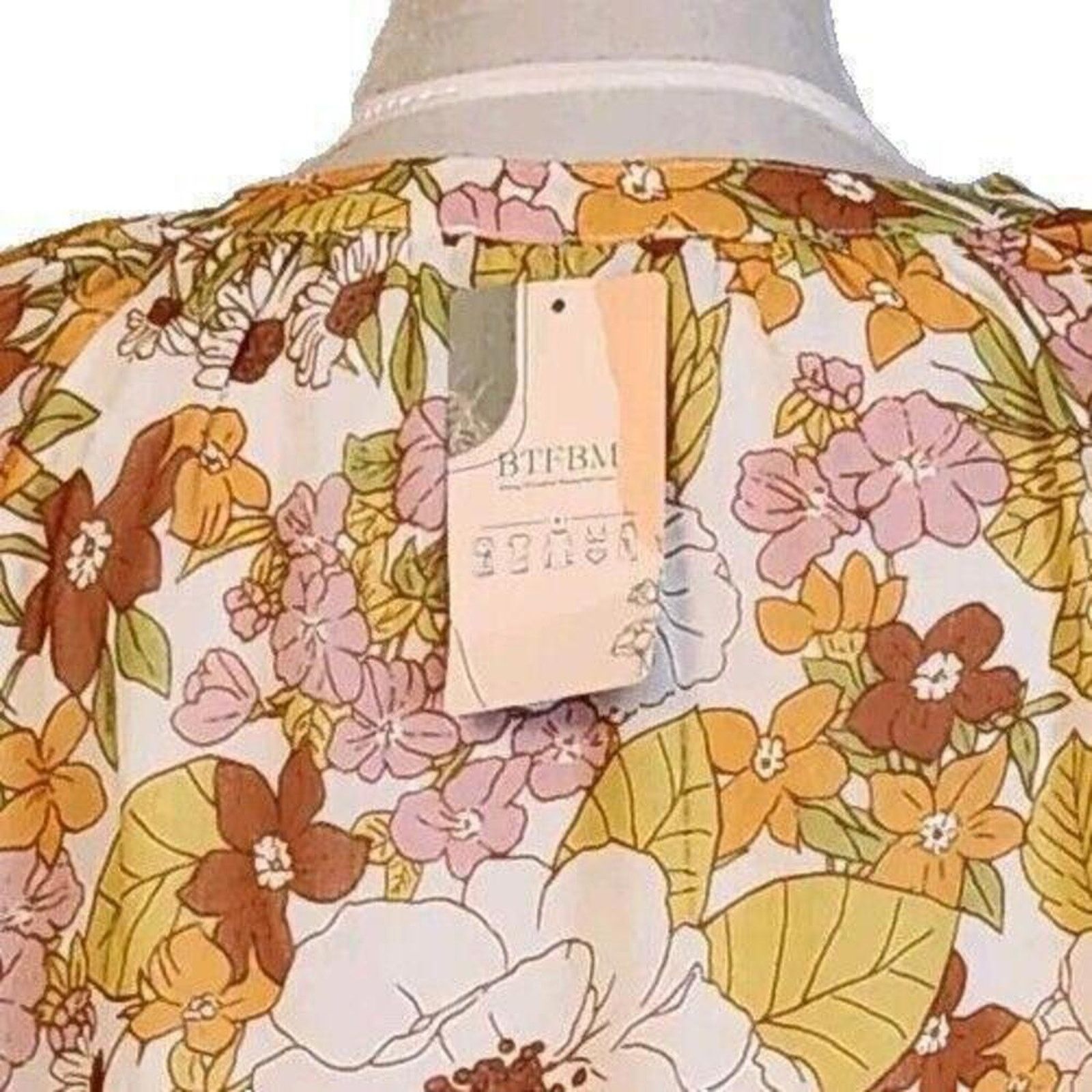 Other BTFBM Size Large Blouse Floral Tan Pink Long Sleeve Boho NWT Size L / US 10 / IT 46 - 6 Thumbnail