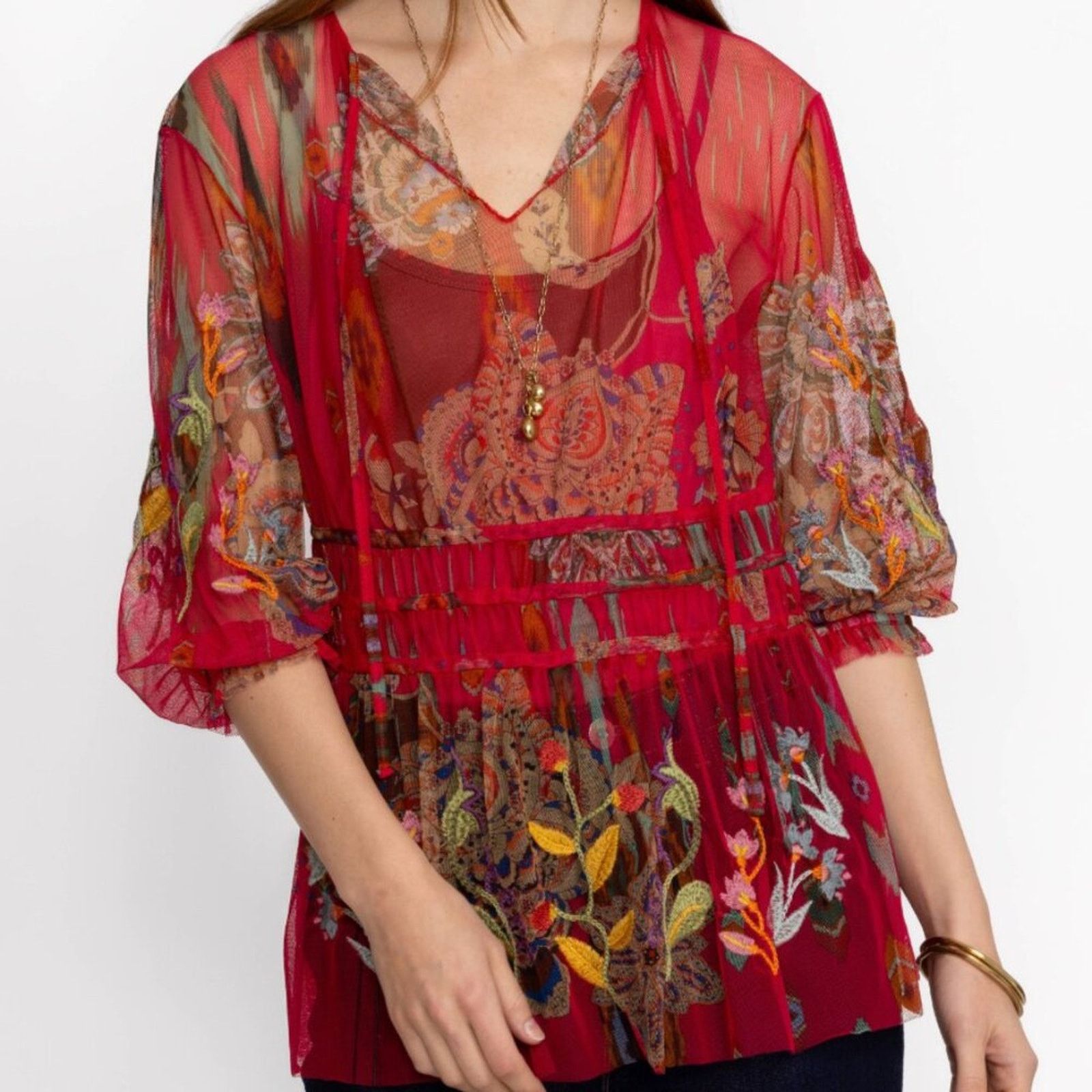 Johnny Was Johnny Was Feather Lark Embroidered Mesh Blouse Size S / US 4 / IT 40 - 2 Thumbnail