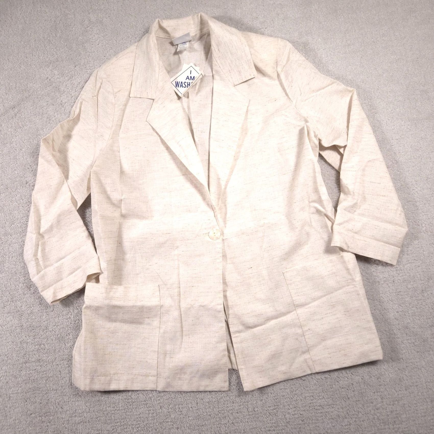 Vintage Fashion Bug Womens Blazer 18/20W Beige Woven One Button Career Plus Made USA Size XXL / US 16-18 / IT 52-54 - 2 Thumbnail