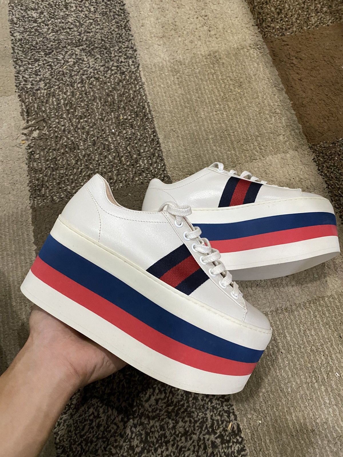 Gucci Gucci White Leather Peggy Web Trainers Size US 4 / IT 34 - 1 Thumbnail