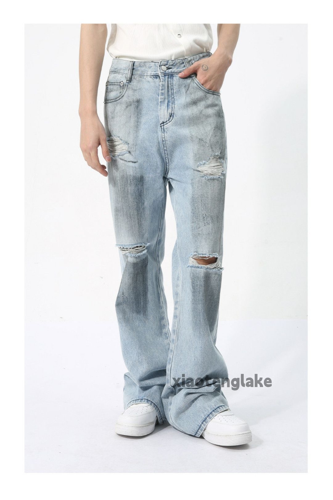 washed faded damaged ripped stain bootcut jeans