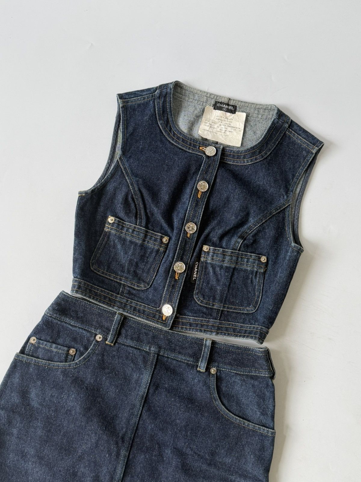 Chanel 1990s-2000s Chanel Indigo Denim Sleeveless Vest & Skirt Set Size XS / US 0-2 / IT 36-38 - 4 Thumbnail
