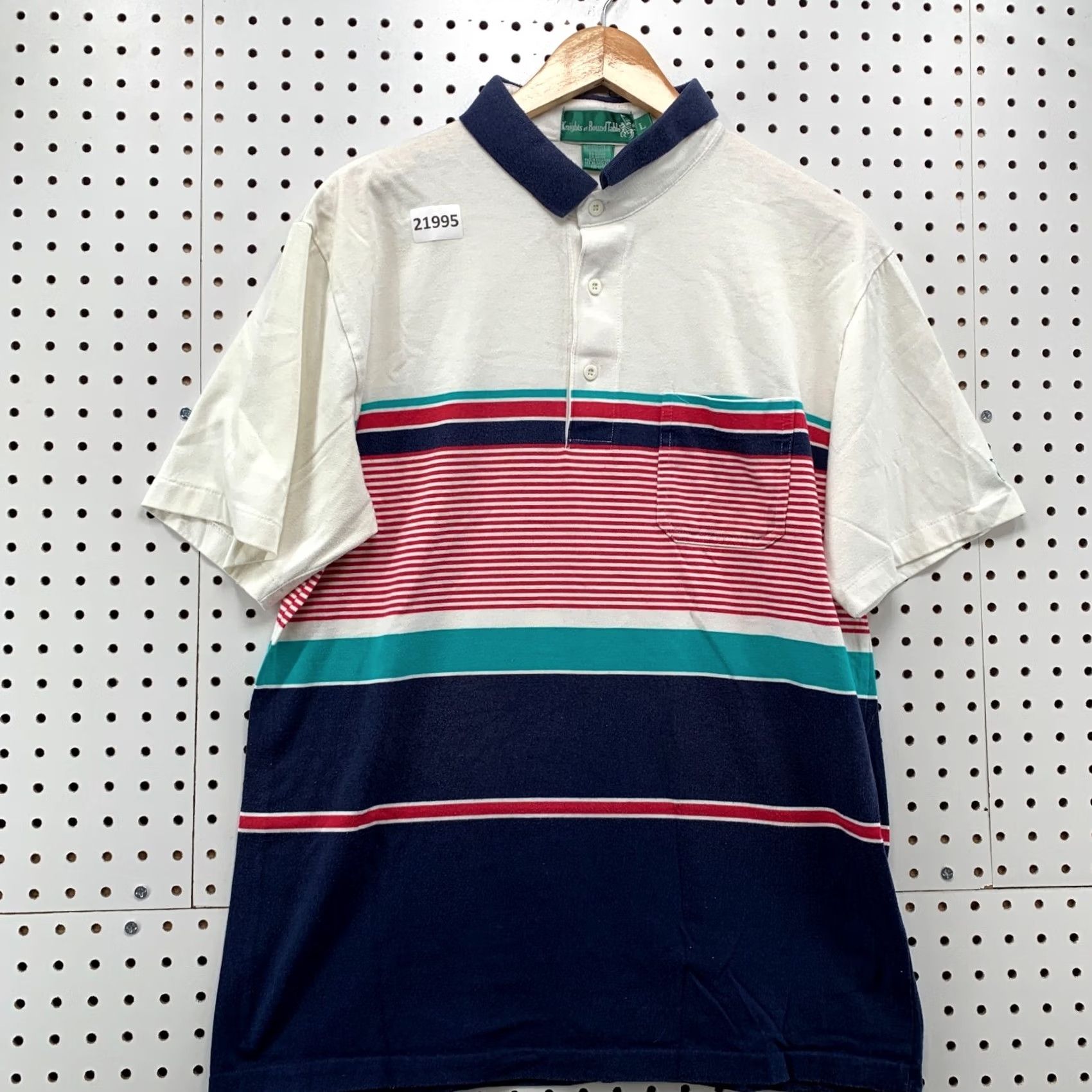 Vintage Knights Of Round Table Polo Shirt White Red Blue Striped Mens Large 21x28.5 Size US L / EU 52-54 / 3 - 7 Thumbnail