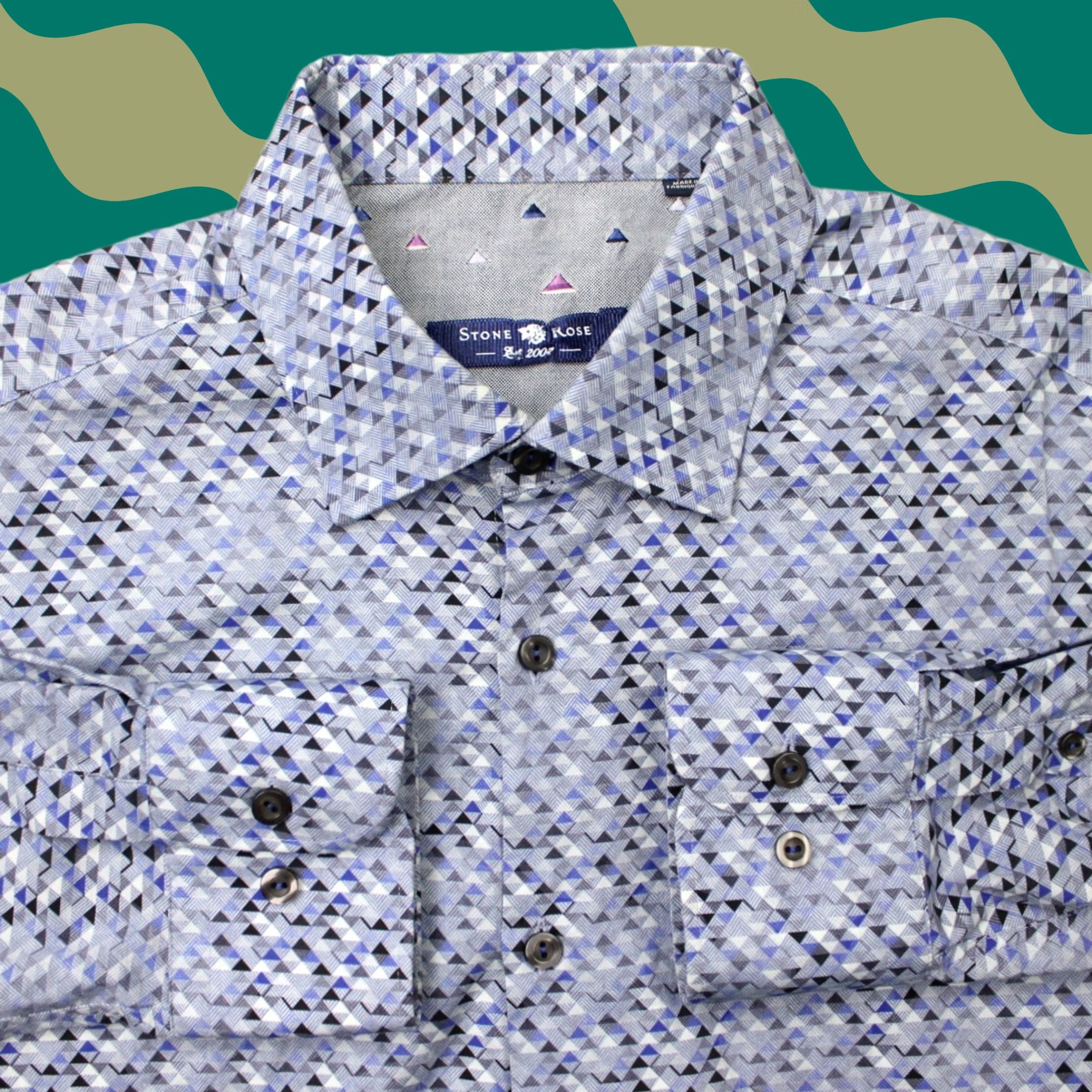 Vintage Stone Rose Shirt Mens 4 Large Gray/Blue Geometric Cotton Stretch Long Sleeve Size US L / EU 52-54 / 3 - 1 Thumbnail