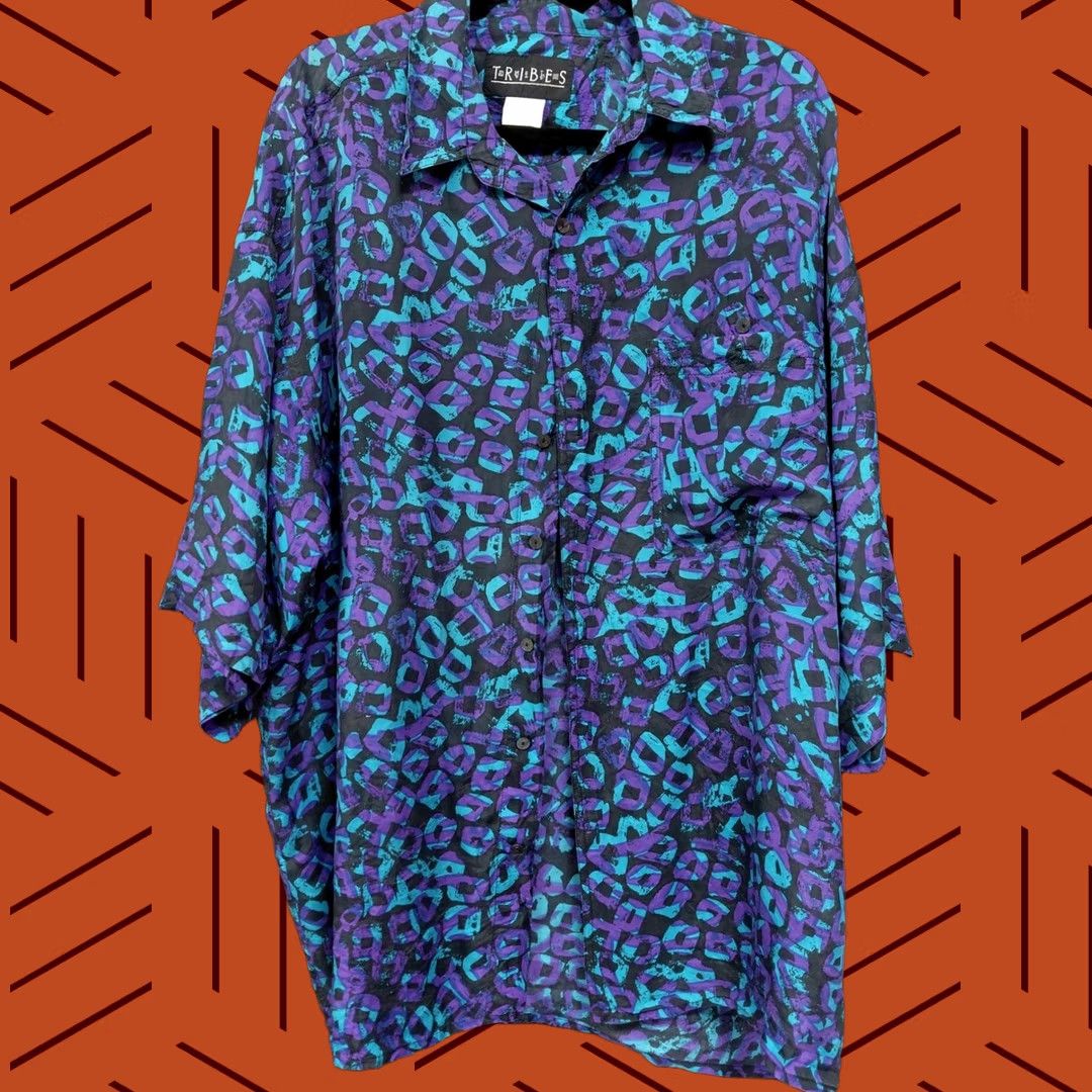 Vintage TRIBES Shirt Blue Purple Floral Short Sleeve Collared 100% Silk Men XL Size US XL / EU 56 / 4 - 1 Thumbnail
