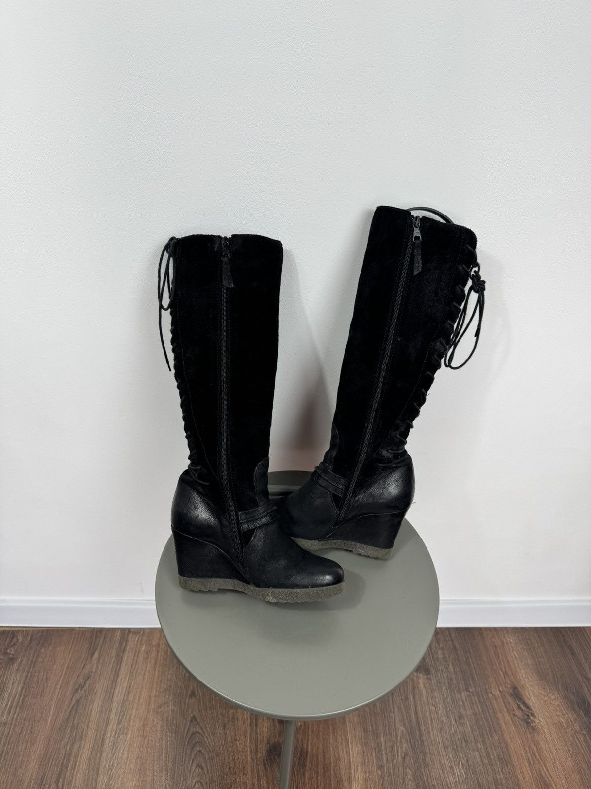 Other Vintage Black Wedge Knee High Boots Back Lace Up Suede EU 38 Size US 7 / IT 37 - 15 Thumbnail