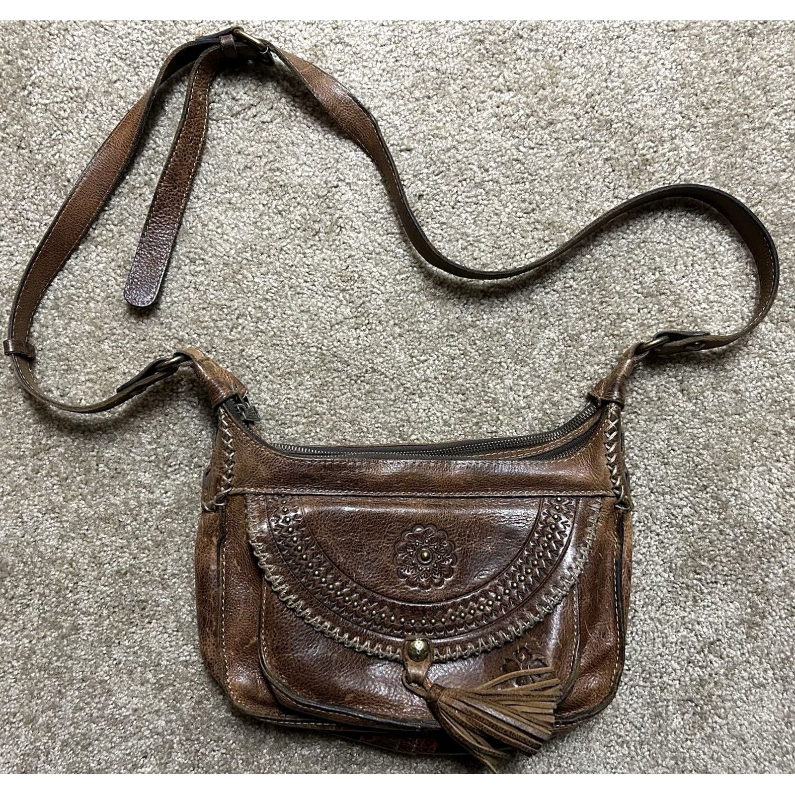 Patricia Nash Patricia Nash Camila Cognac Brown Leather Crossbody Bag Hobo Tassel Zip Women Medium Brown Studded Suede Lining Vintage No Size ONE SIZE - 2 Thumbnail