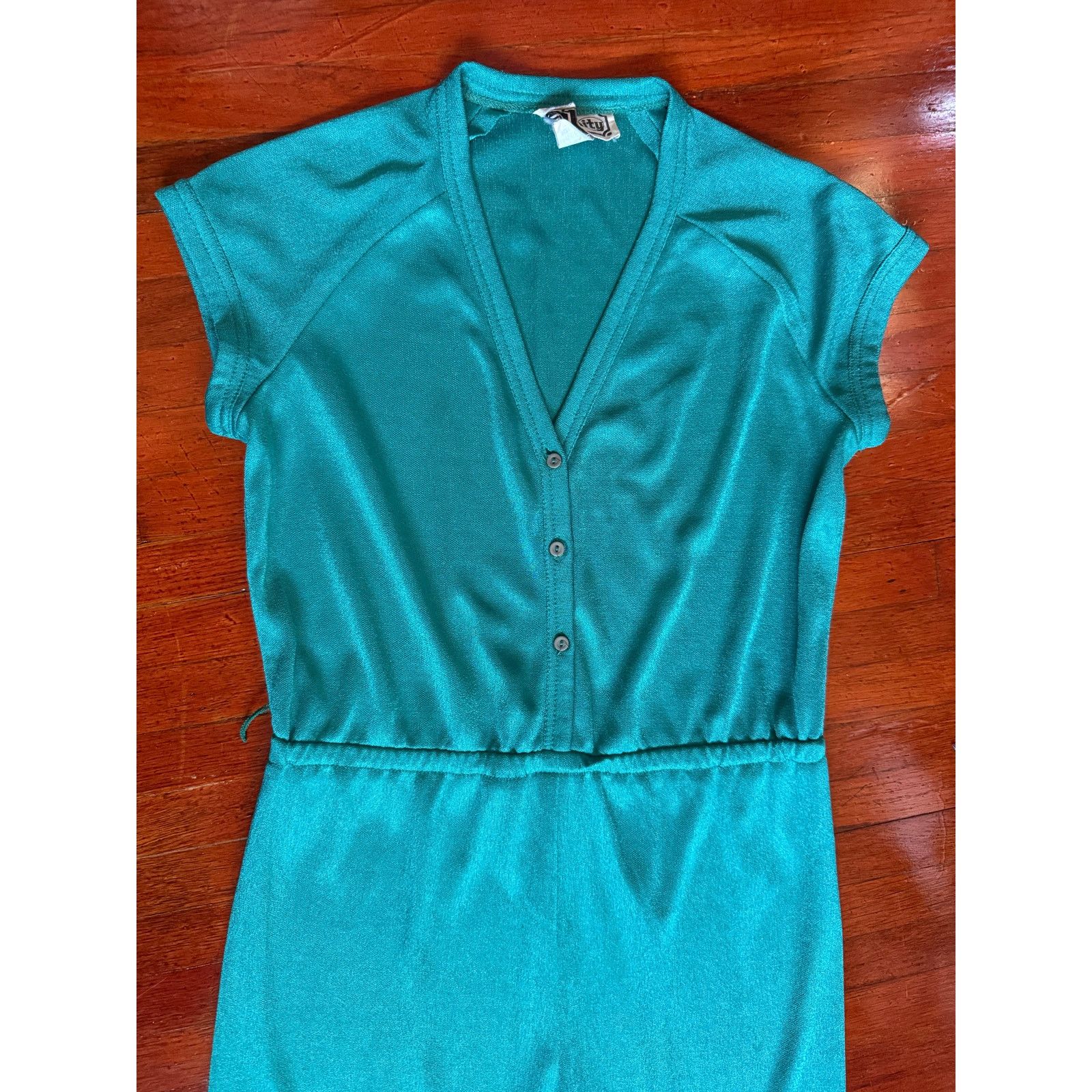 Vintage Vintage 70s Teal Green Jump Suit Med Large One Piece Disco Size 32" / US 10 / IT 46 - 9 Thumbnail