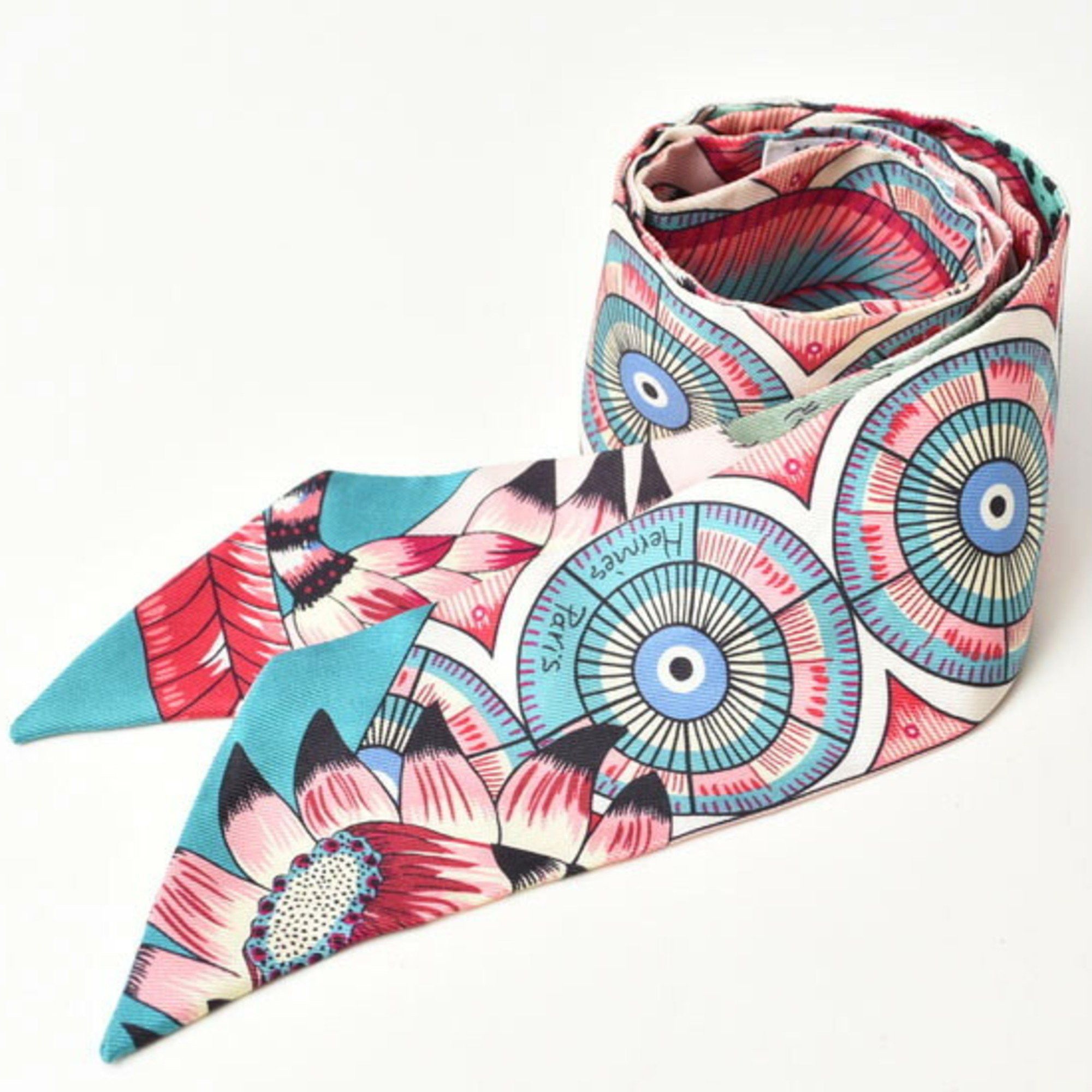 image of Hermes Twilly Scarf Muffler Hermes Silk Twill Animal Motif Pink Light Blue, Women's