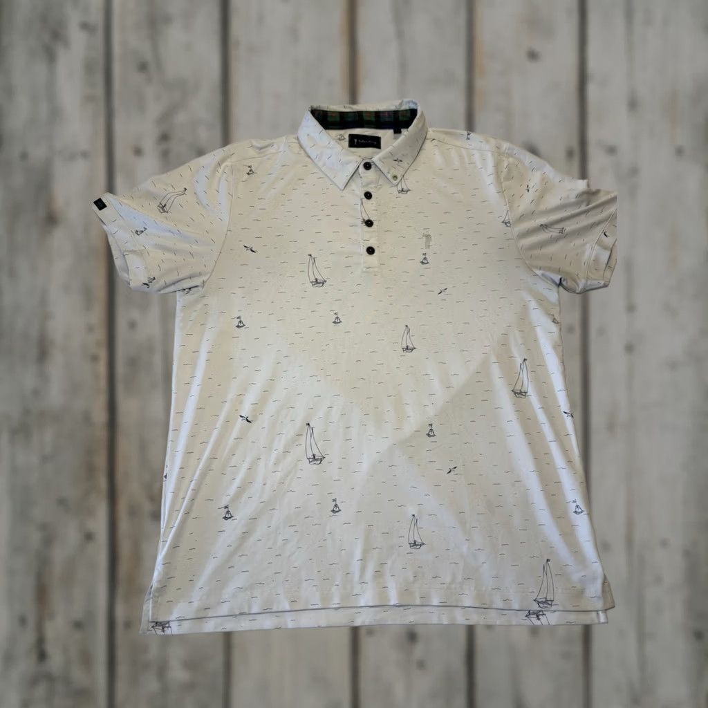 Vintage William Murray Golf Polo Shirt White Printed Sailboats Short Sleeved Mens Large Size US L / EU 52-54 / 3 - 1 Thumbnail
