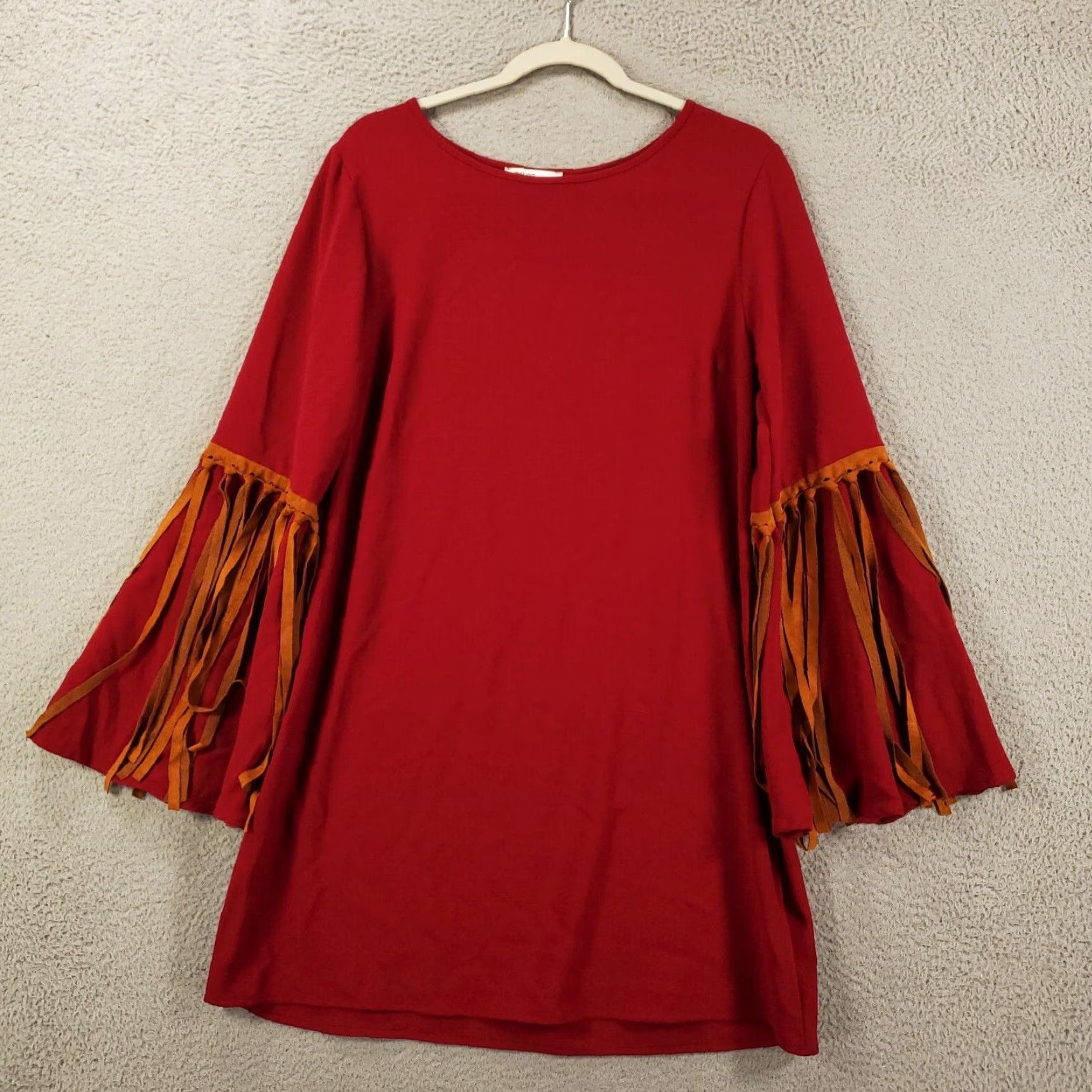 Vintage Womens Boho Tunic Large Burgundy Boho Tasseled Fringe Flutter Sleeve Western Size ONE SIZE - 2 Thumbnail