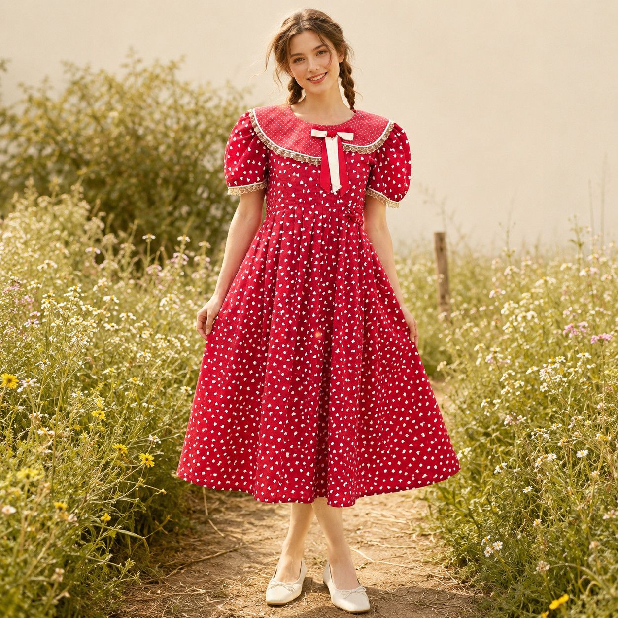 Handmade VTG 70s 80s Handmade Heart Print Prairie Dress XS Size XS / US 0-2 / IT 36-38 - 1 Thumbnail